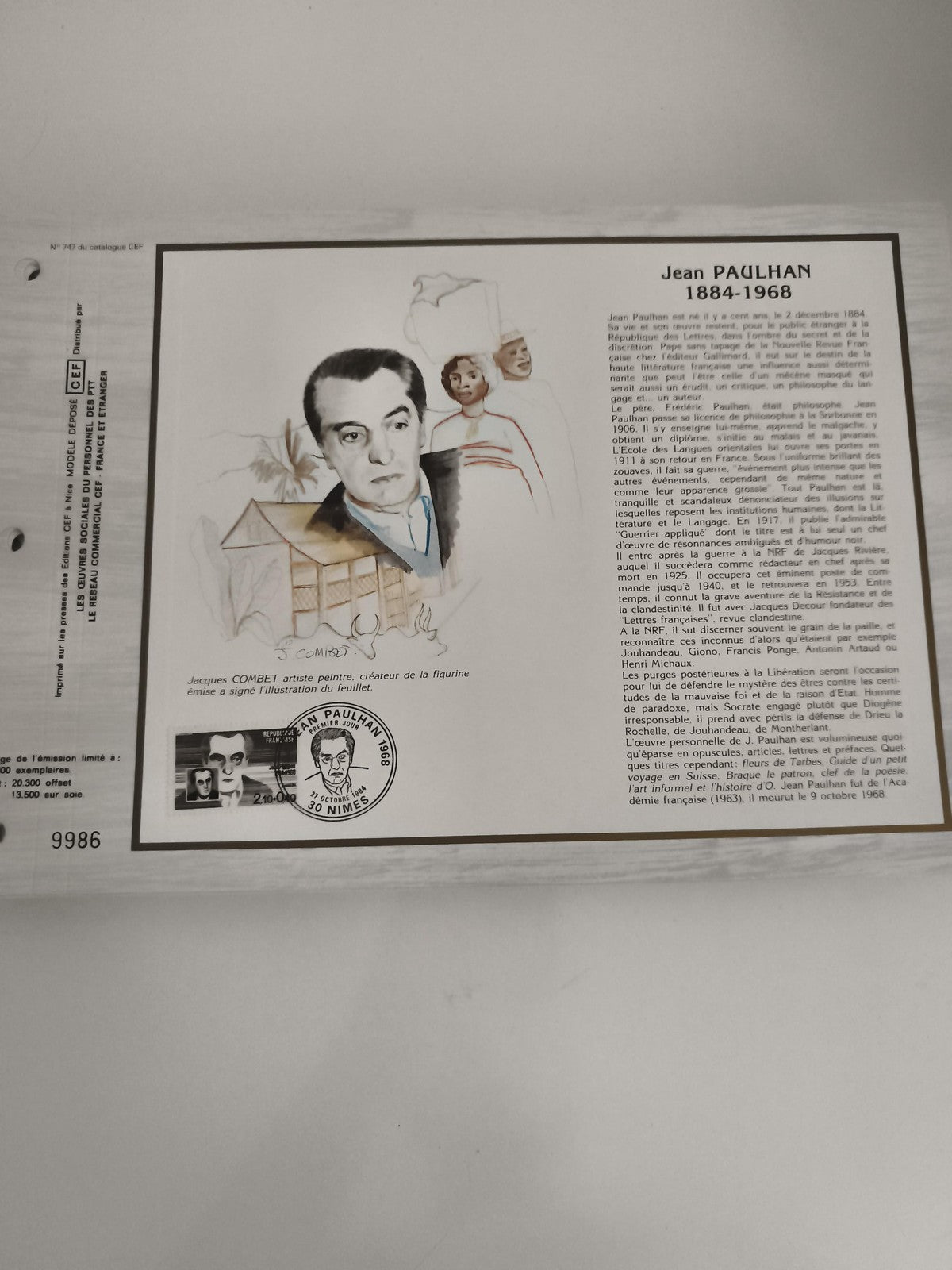 Feuillet CEF Jean Paulhan 1986 timbre oblitéré illustration Jacques Combet