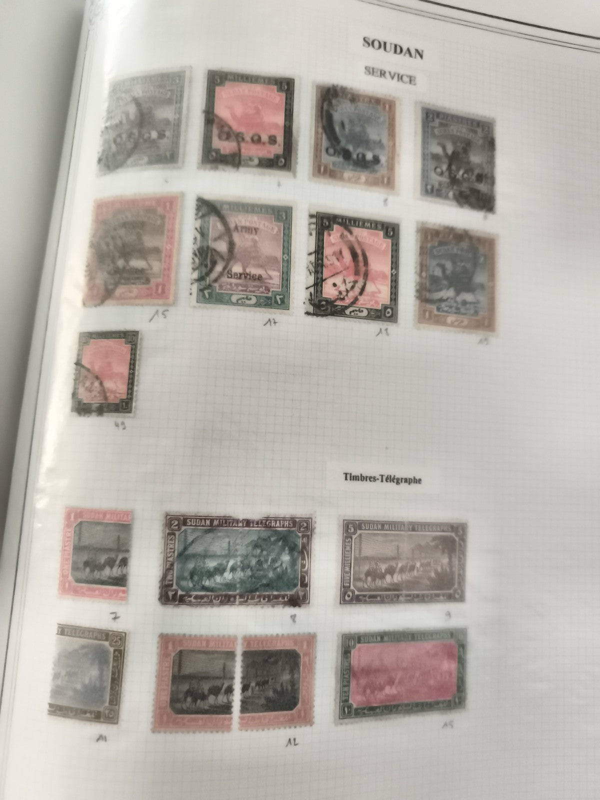Timbres Soudan Service et Télégraphe oblitérés, sur album, philatélie Afrique