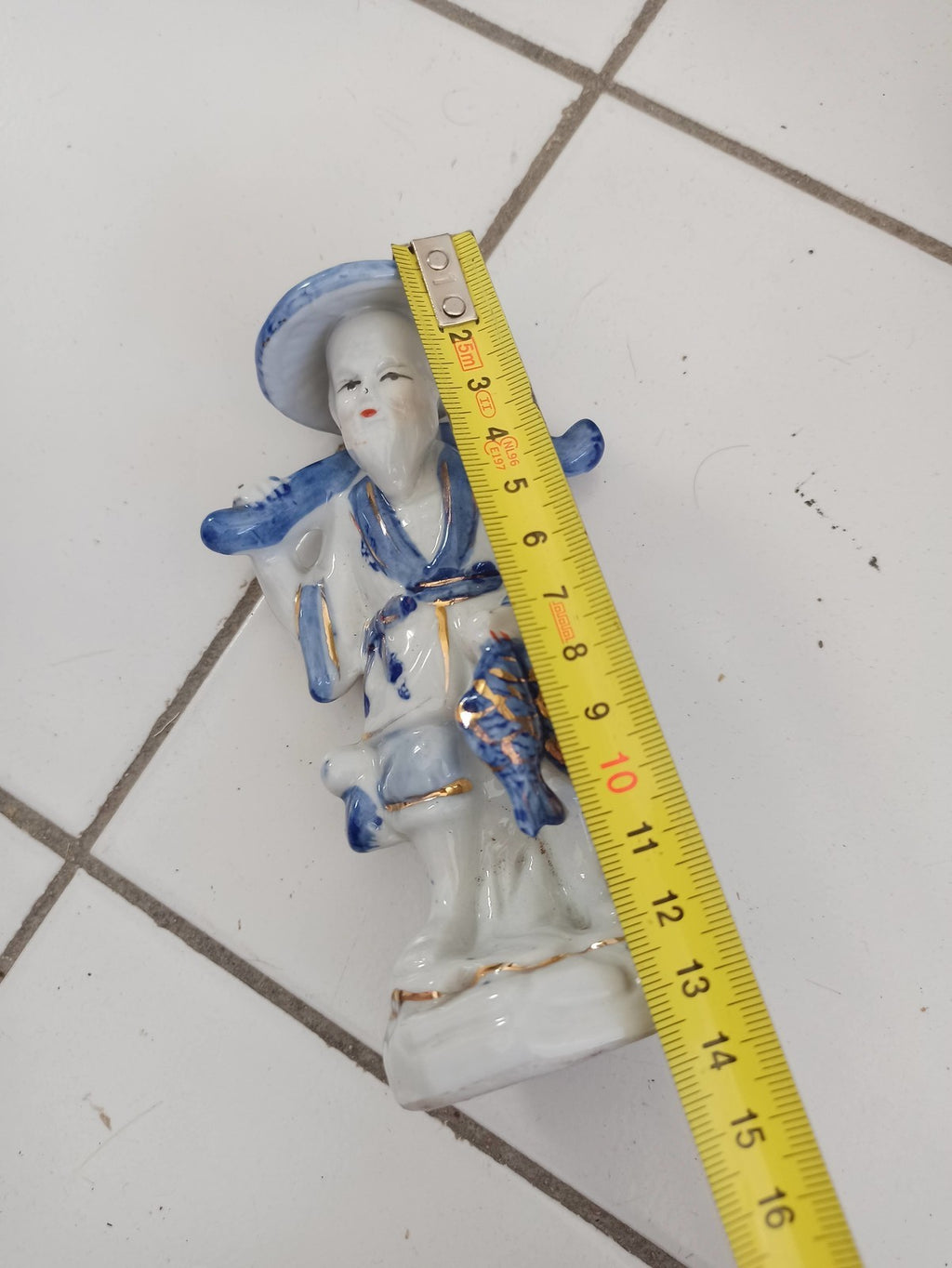 Figurine asiatique vintage porcelaine émaillée bleue or, sculpture chinoise anci