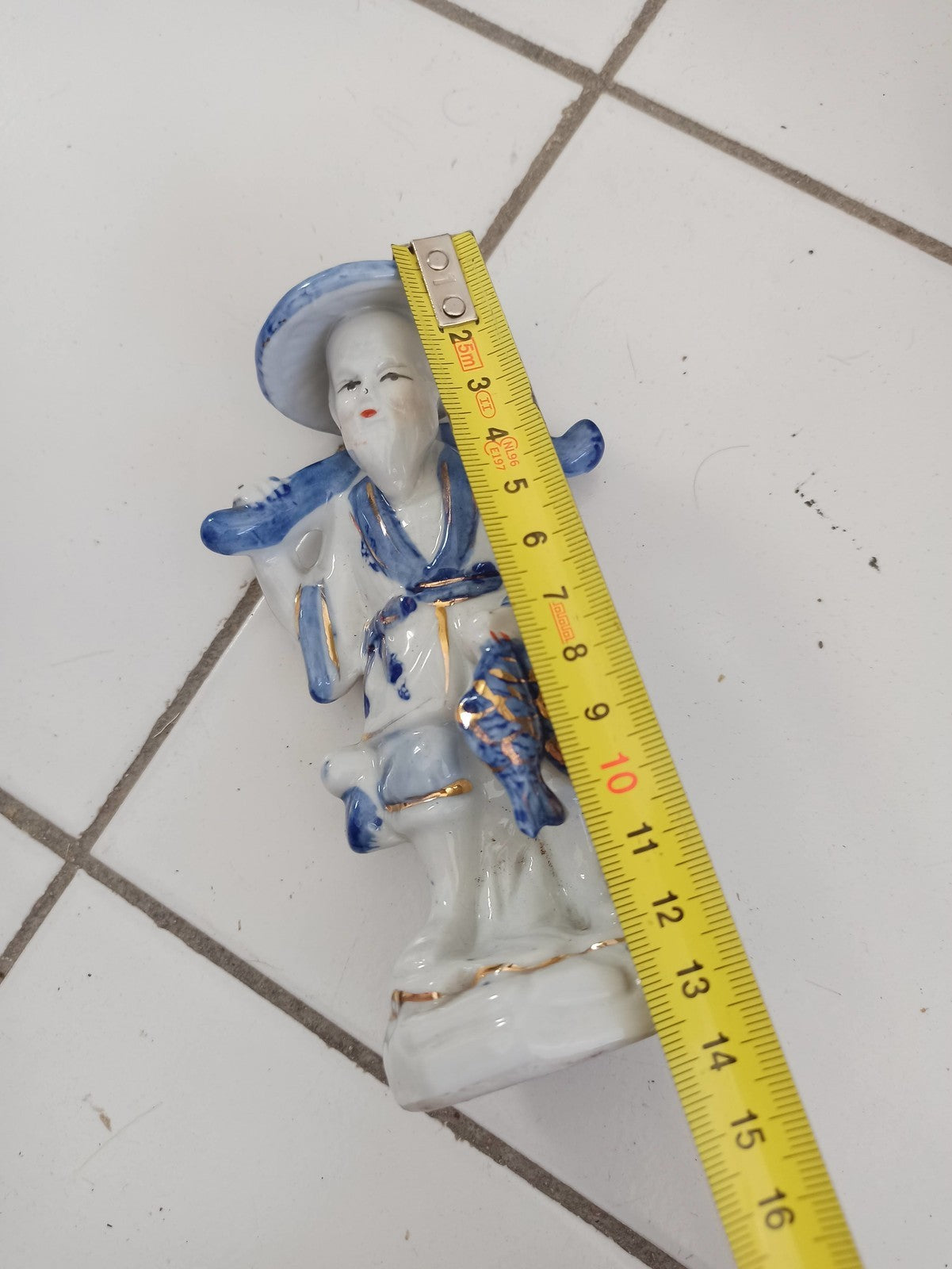 Figurine asiatique vintage porcelaine émaillée bleue or, sculpture chinoise anci