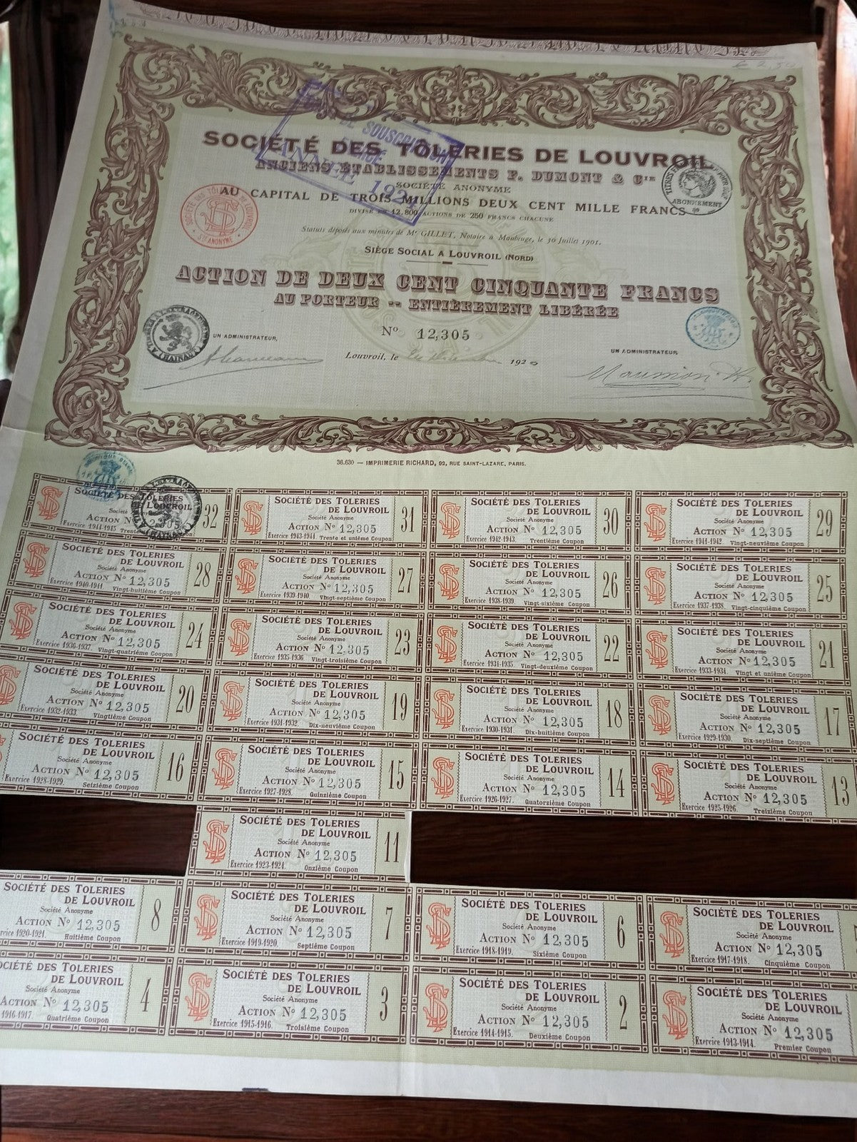 Action ancienne Société Tôleries de Louvroil années 1920 papier financier vintag