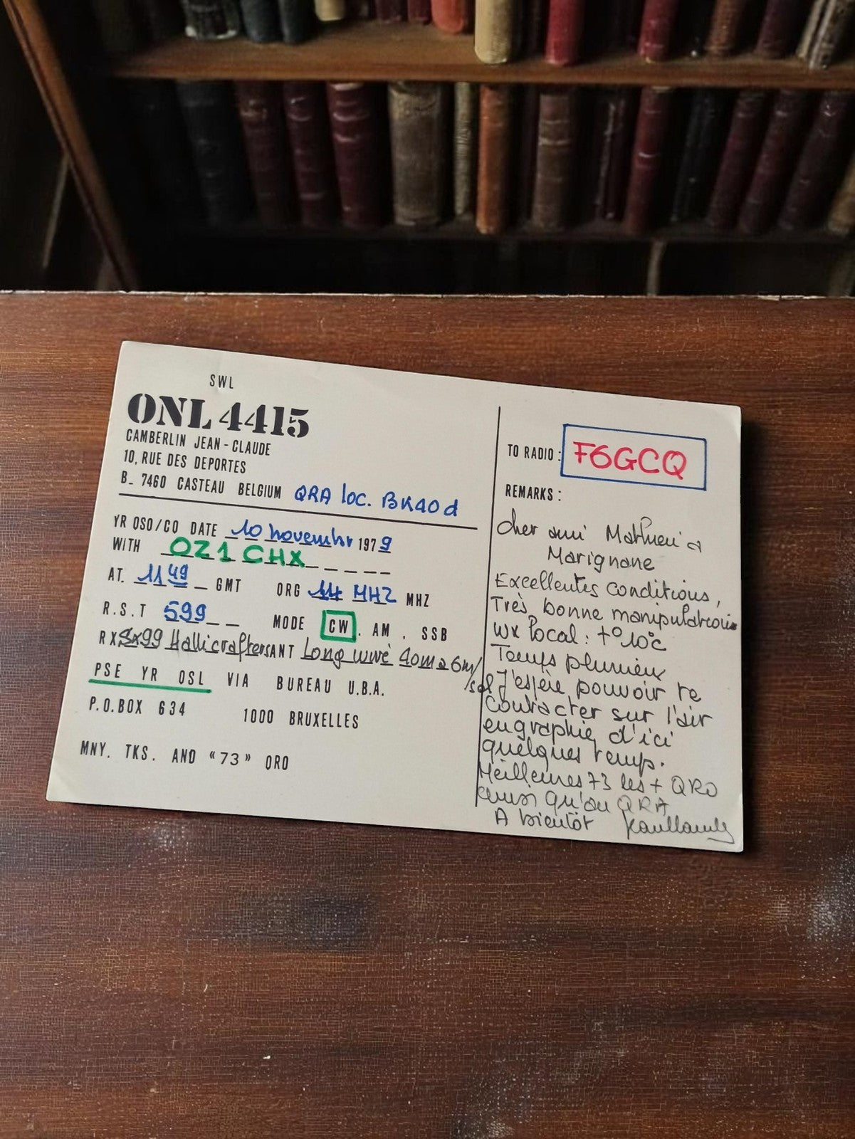 Carte QSL radio amateur vintage ONL 4415 Belgique 1979 ancienne QSO F6GCQ