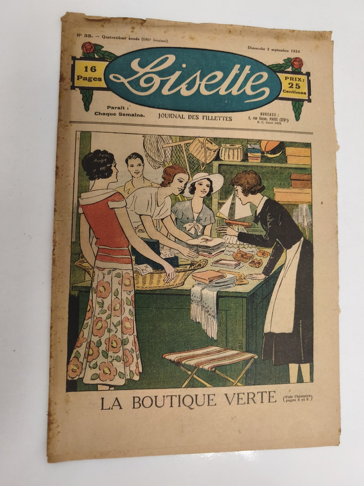 Ancien journal Lisette 1934, magazine fillette, couverture illustrée vintage
