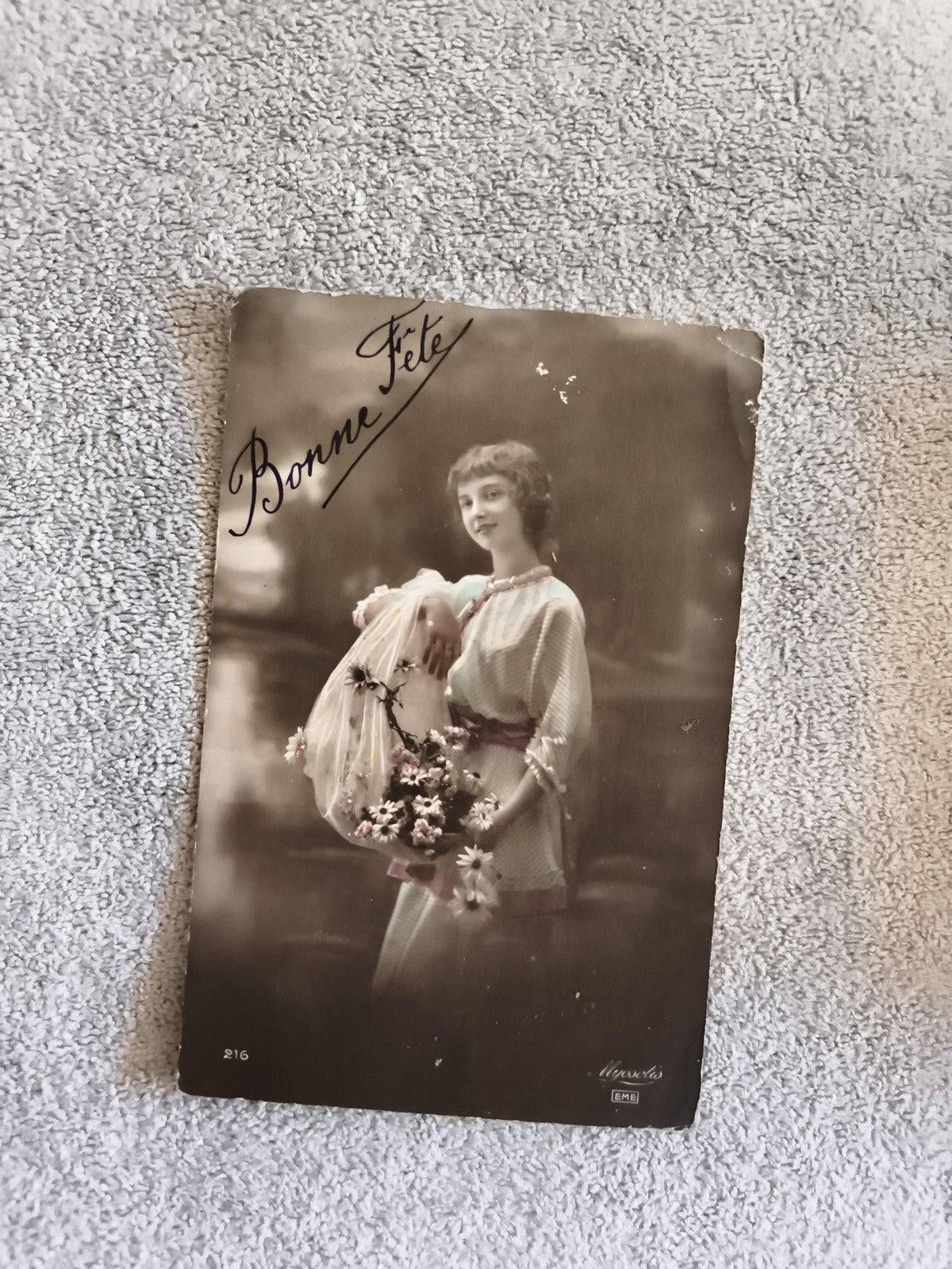 Carte photo Bonne Fête femme fleurs CPA début XXe illustrée EME