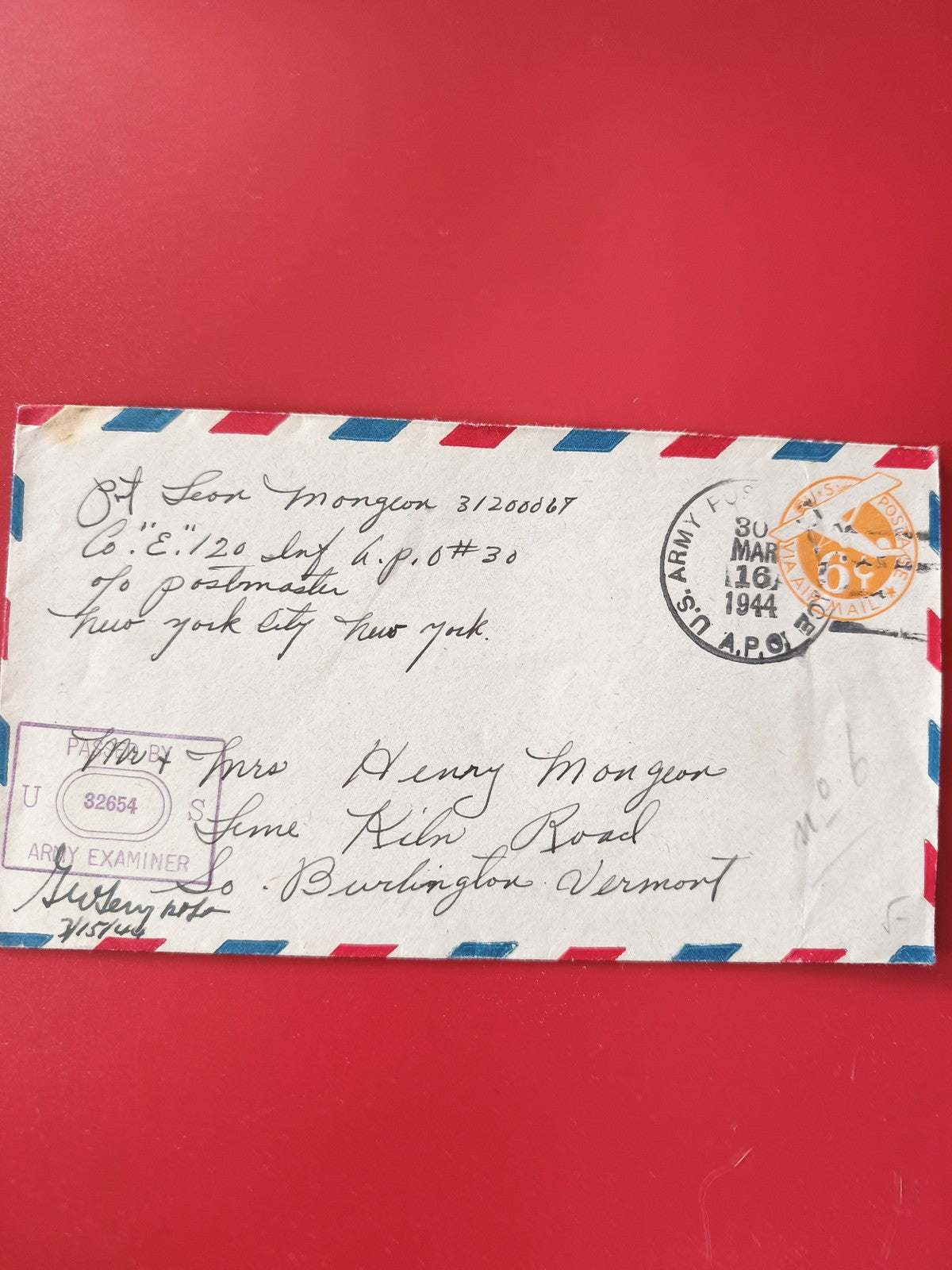 Enveloppe philatélie airmail USA 1944 cachet militaire tricolore adressée