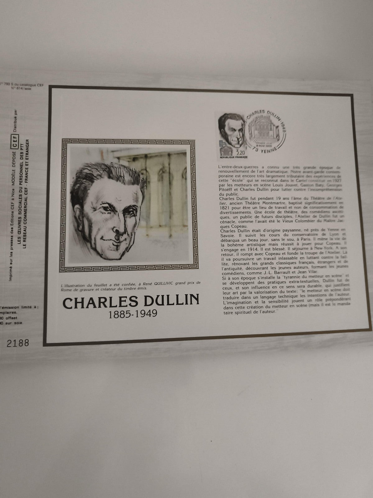 Feuillet CEF Charles Dullin 1885-1949 philatélie illustration Gravure