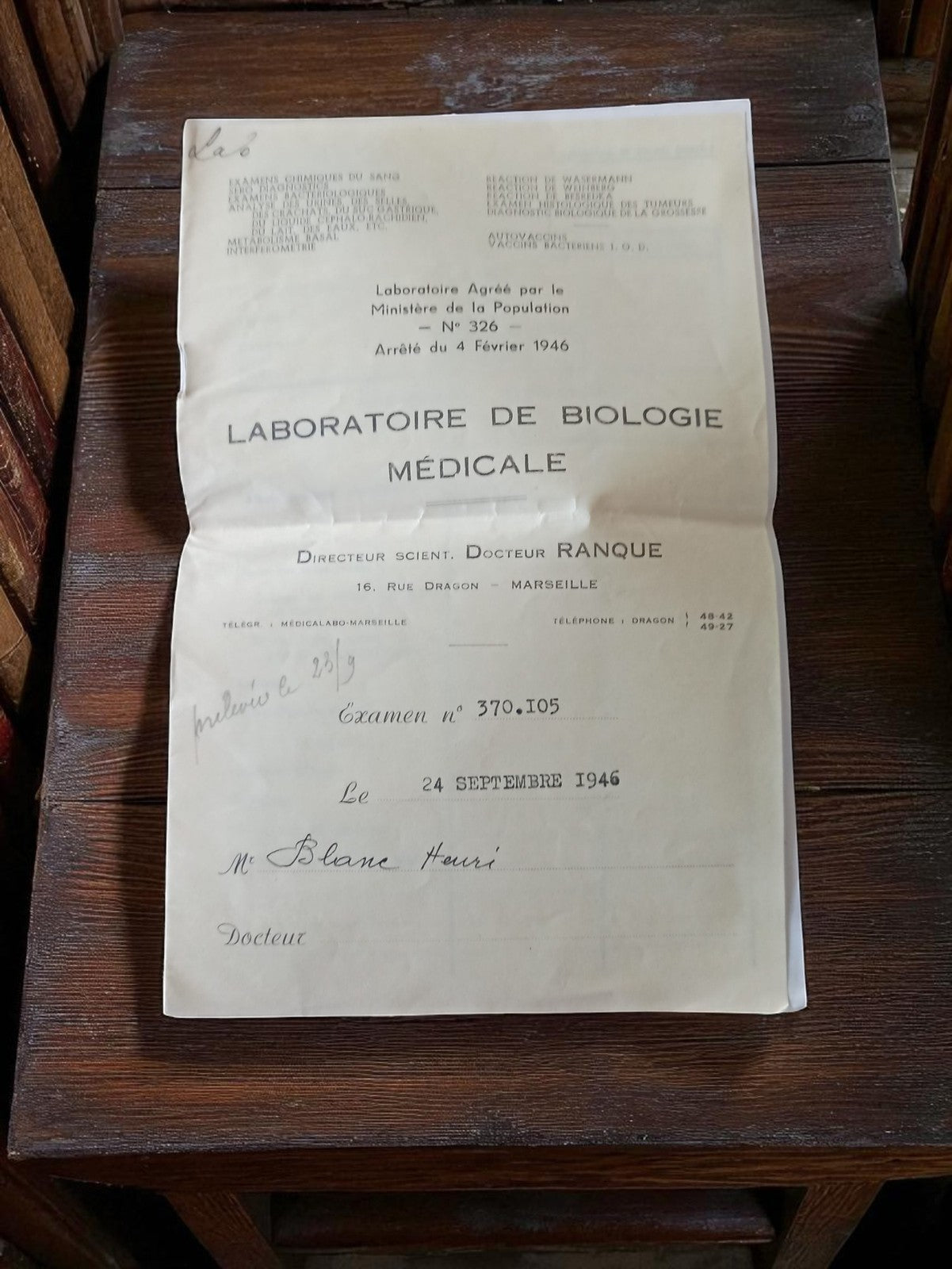 Ordonnance biologie médicale 1946 Marseille ancien document vintage médical