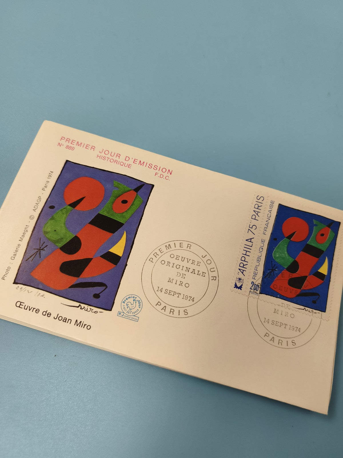 Enveloppe FDC premier jour Paris 1974, timbre Joan Miró, motif coloré (Ref 12)