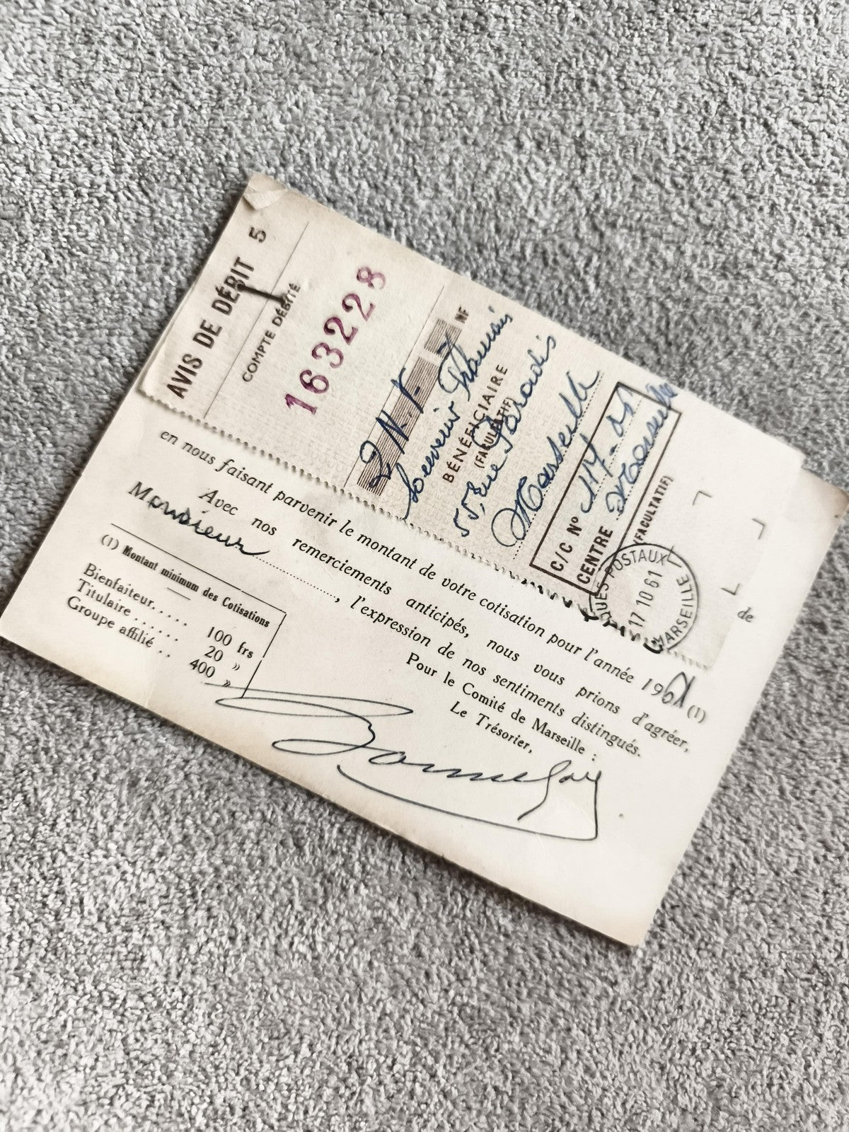 Avis de débit ancien 1961 Marseille document administratif vintage