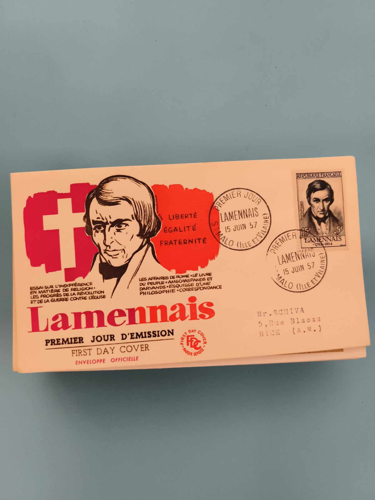 FDC enveloppe premier jour Lamennais 1957 timbre France philatélie