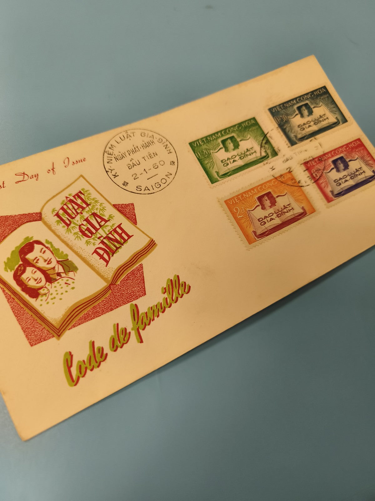Ancienne enveloppe FDC Vietnam 1960 Code de famille timbres oblitérés Saigon