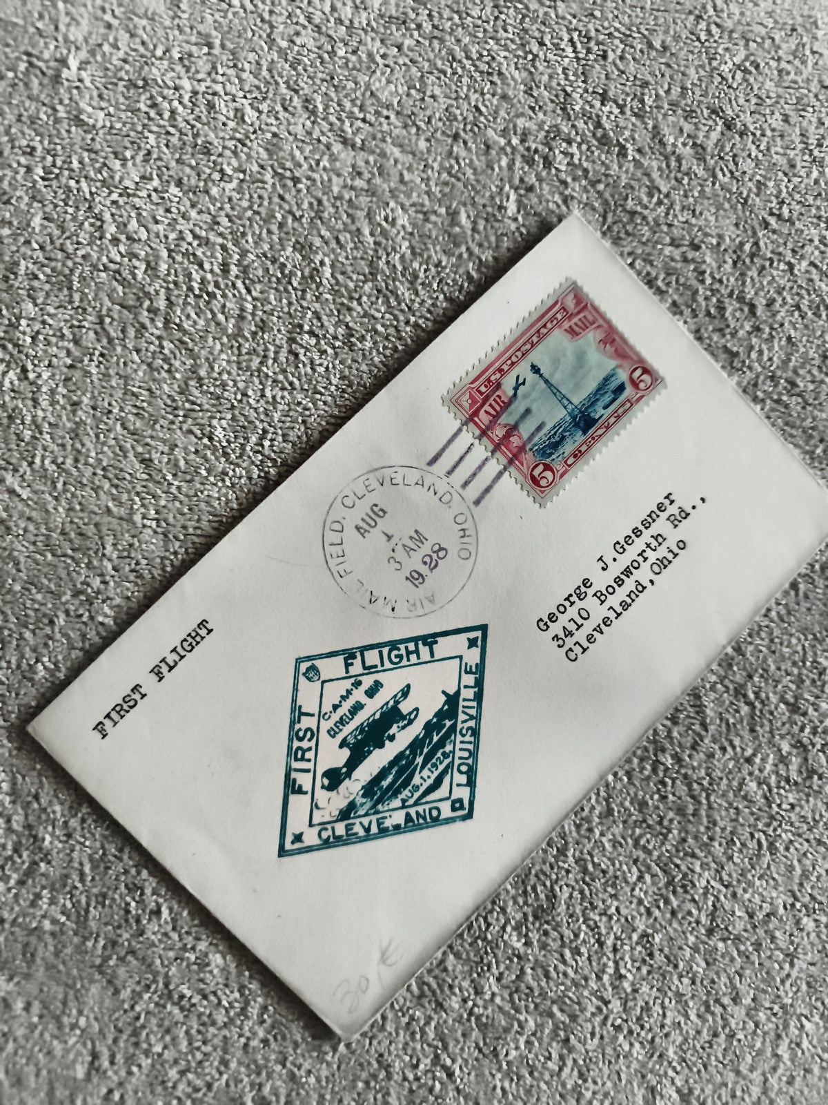 Lettre premier vol First Flight Cleveland 1928 timbre USA philatélie aviation