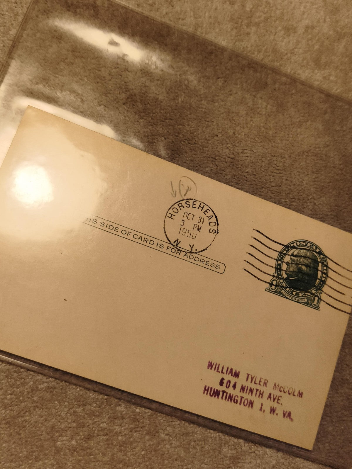 Carte postale USA 1954 oblitérée Horseheads NY timbre vert philatélie (Ref 27)