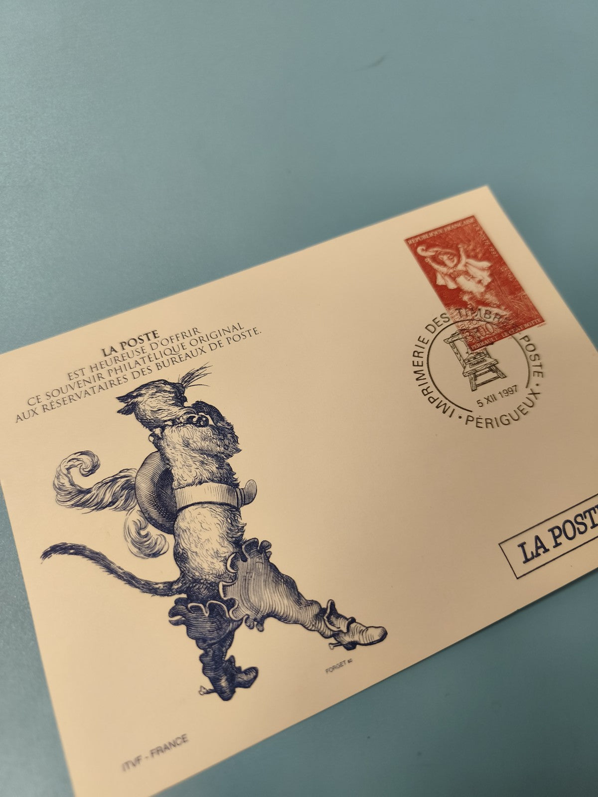Ancienne enveloppe FDC premier jour La Poste chat botté illustration 1997