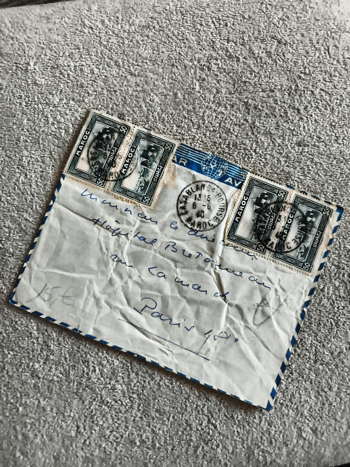 Lettre avion Maroc timbres 50c Casablanca Paris philatélie courrier postal