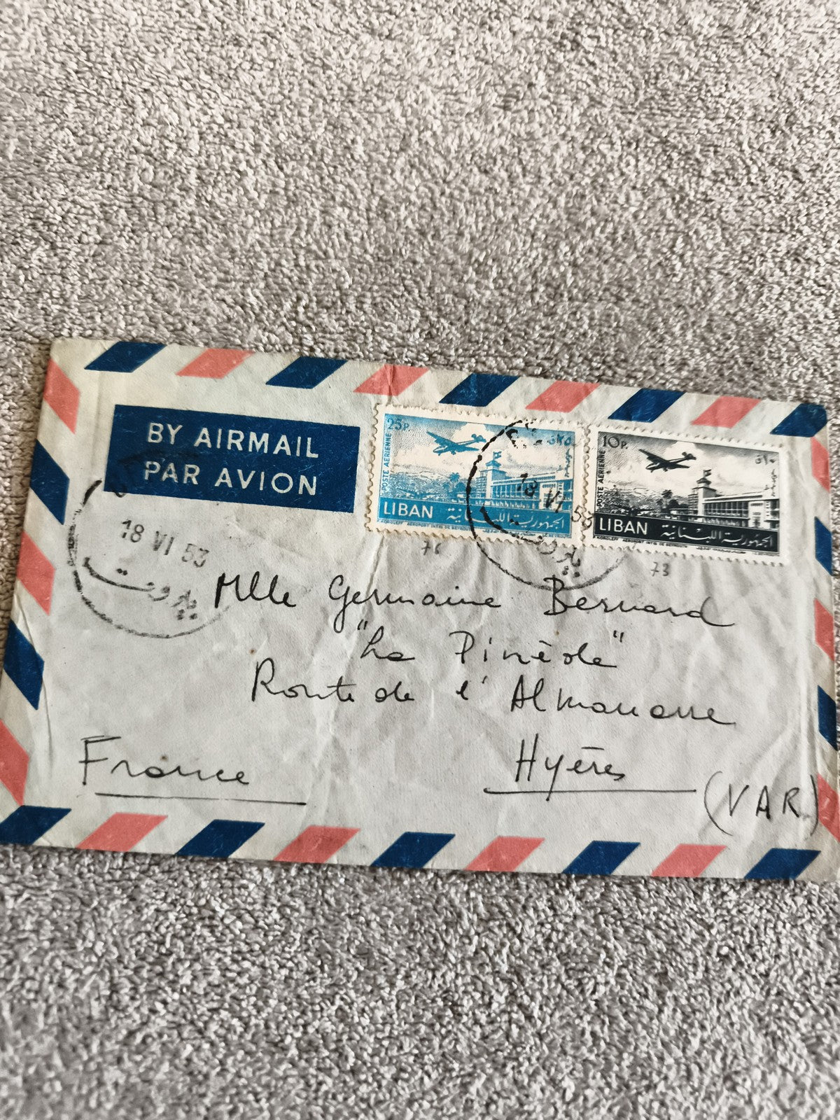 Lettre avion Liban 1957 timbres airmail Hyères France philatélie affranchissemen