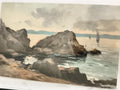 Carte postale ancienne paysage marin aquarelle rochers voiliers vintage CPA