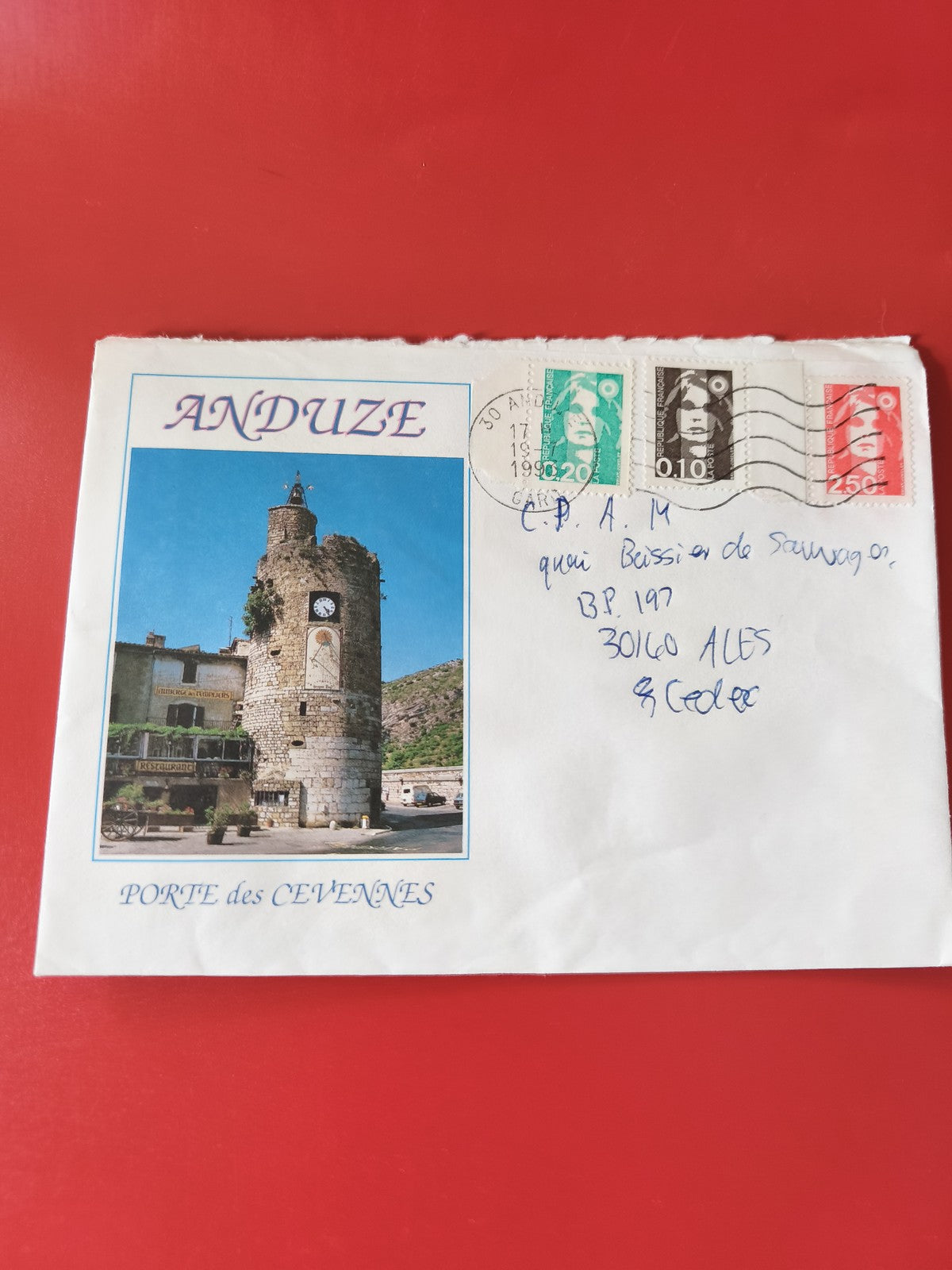 Enveloppe philatélie Anduze illustrée, timbres oblitérés, Porte des Cévennes