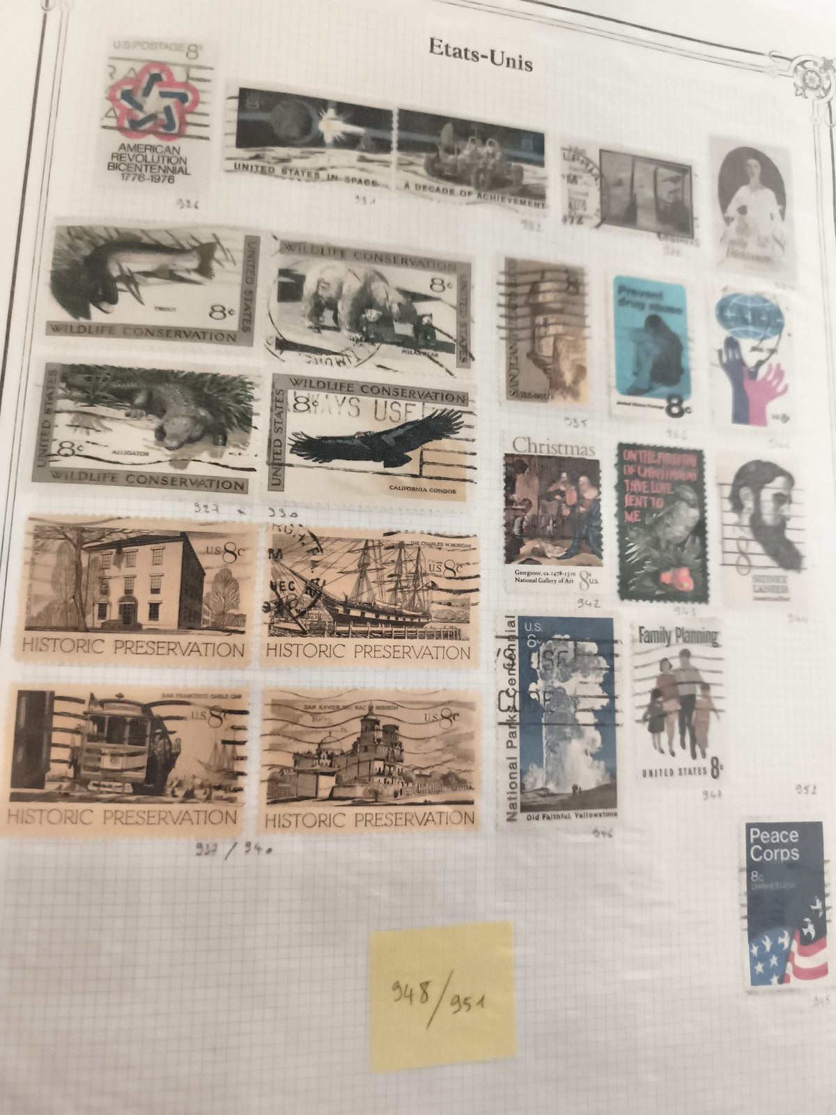 Timbres anciens États-Unis 8¢ oblitérés lot thématique 1970s conservation, histo