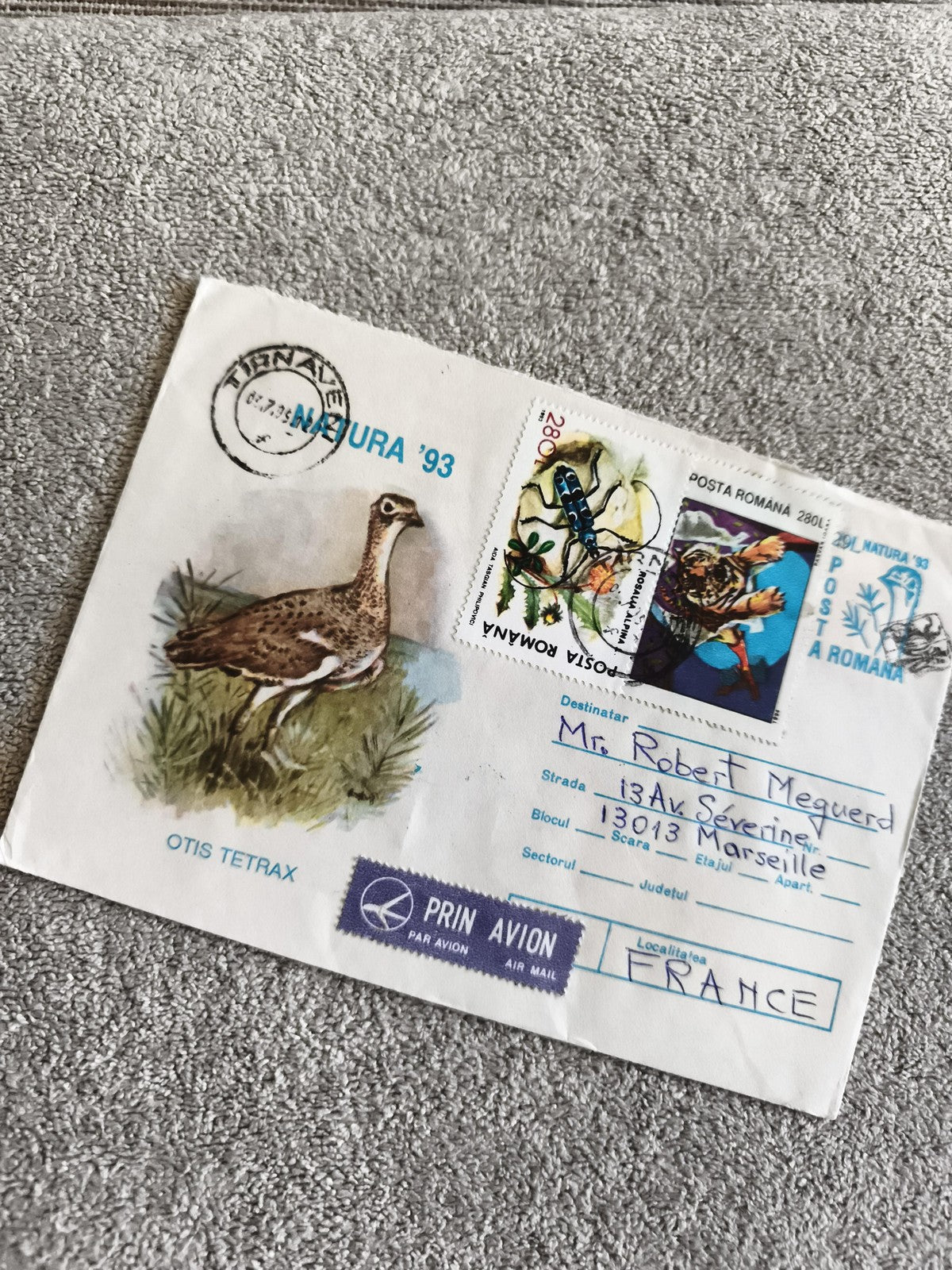 Lettre affranchie Roumanie 1993 Otis Tetrax, timbres Posta Romana, Par Avion