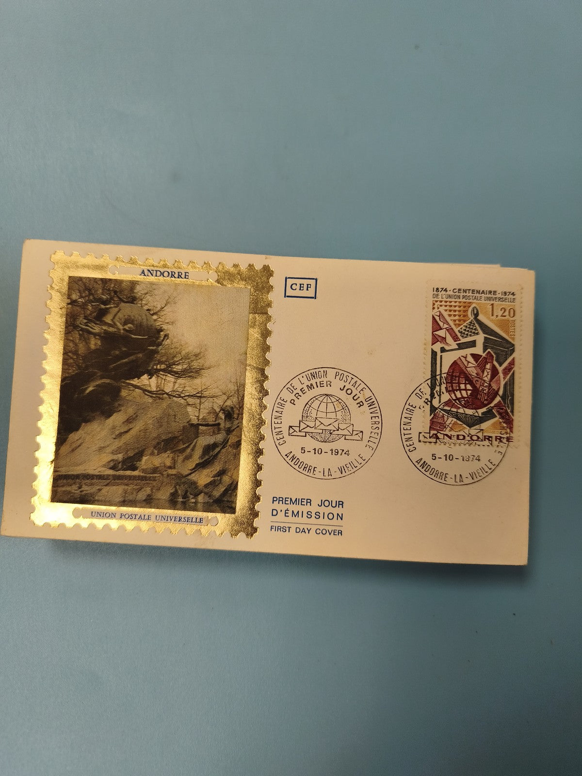 Ancienne enveloppe premier jour Andorre 1974 philatélie timbre doré collection