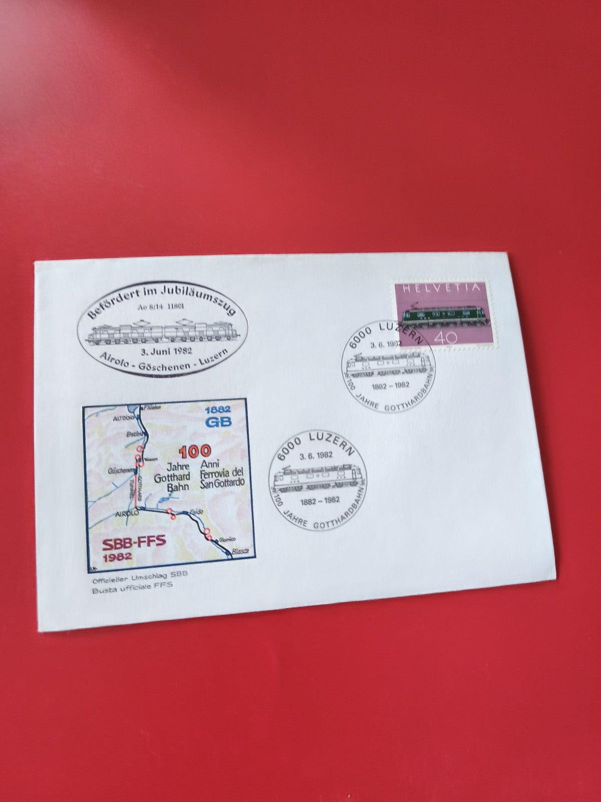 Enveloppe philatélie SBB-FFS 1982, timbre Helvetia, commémoration Gotthard