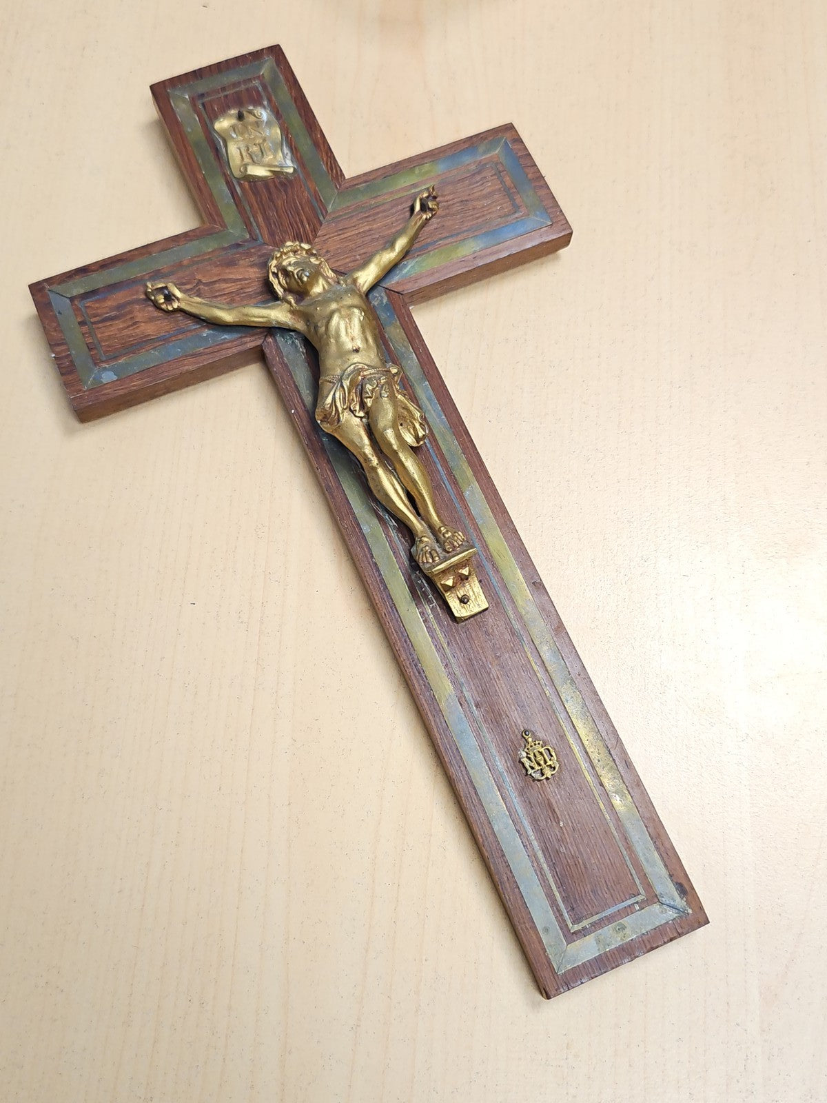 Large vintage wooden and bronze wall cross, antique religious crucifix decoration