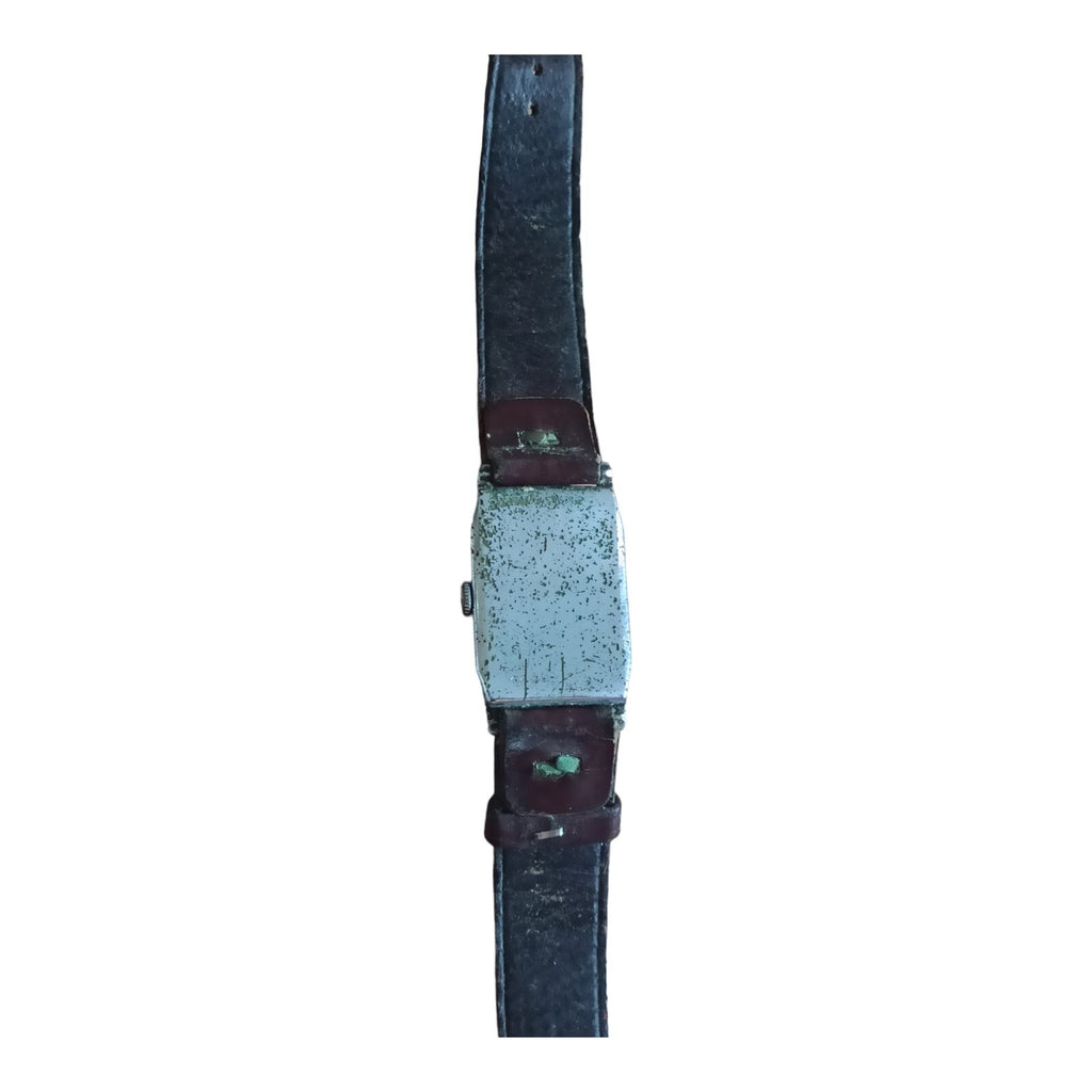 Montre rectangulaire vintage Elog Suisse mécanique cadran patiné, bracelet brun