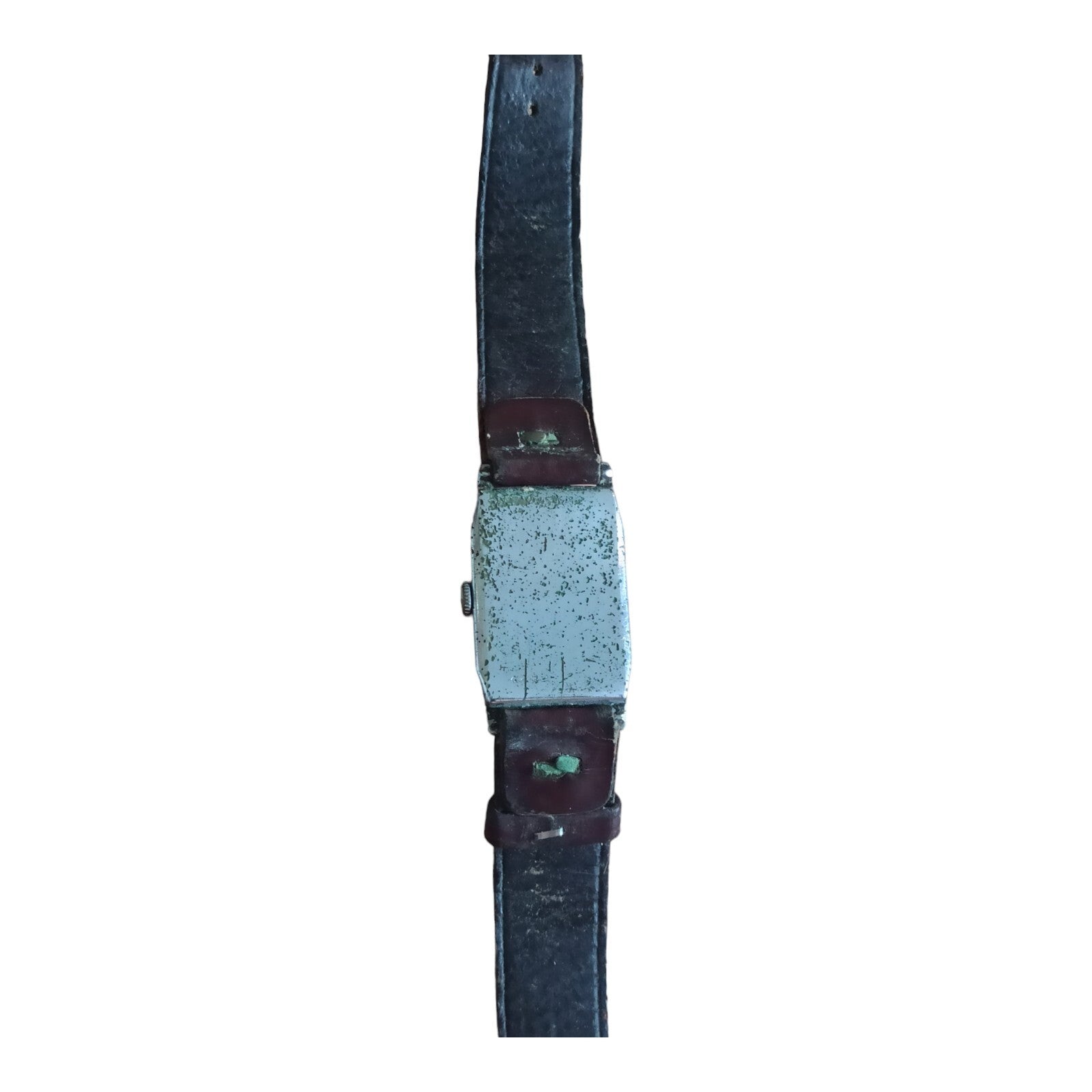 Montre rectangulaire vintage Elog Suisse mécanique cadran patiné, bracelet brun