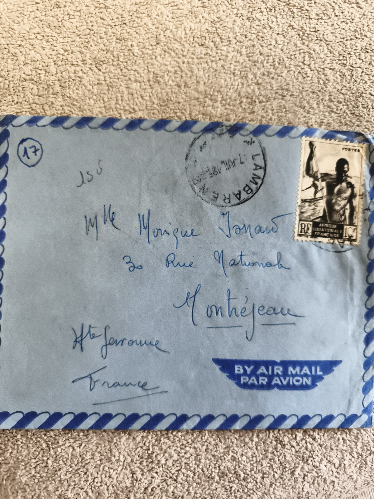 Lettre aérienne Afrique Équatoriale Française timbre 10c, enveloppe bleue Montéj