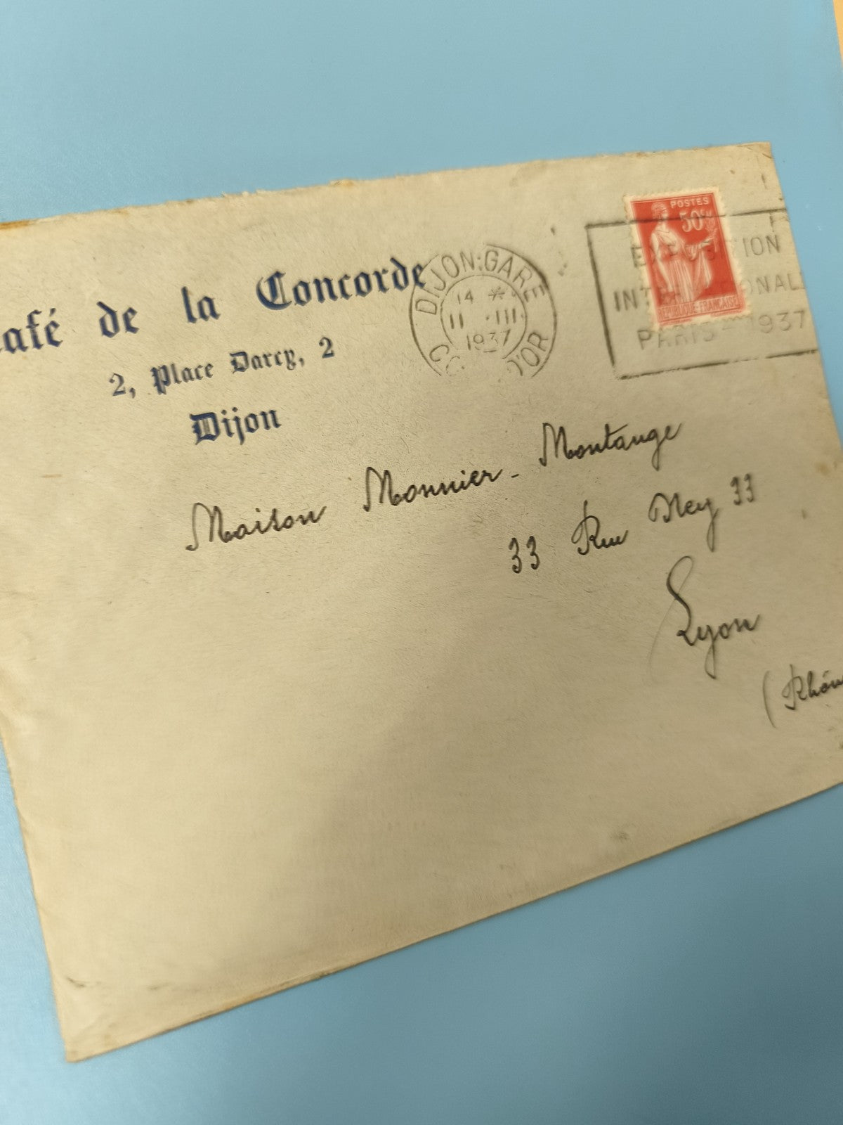Ancienne enveloppe oblitérée Dijon 1937 philatélie vintage timbre rouge