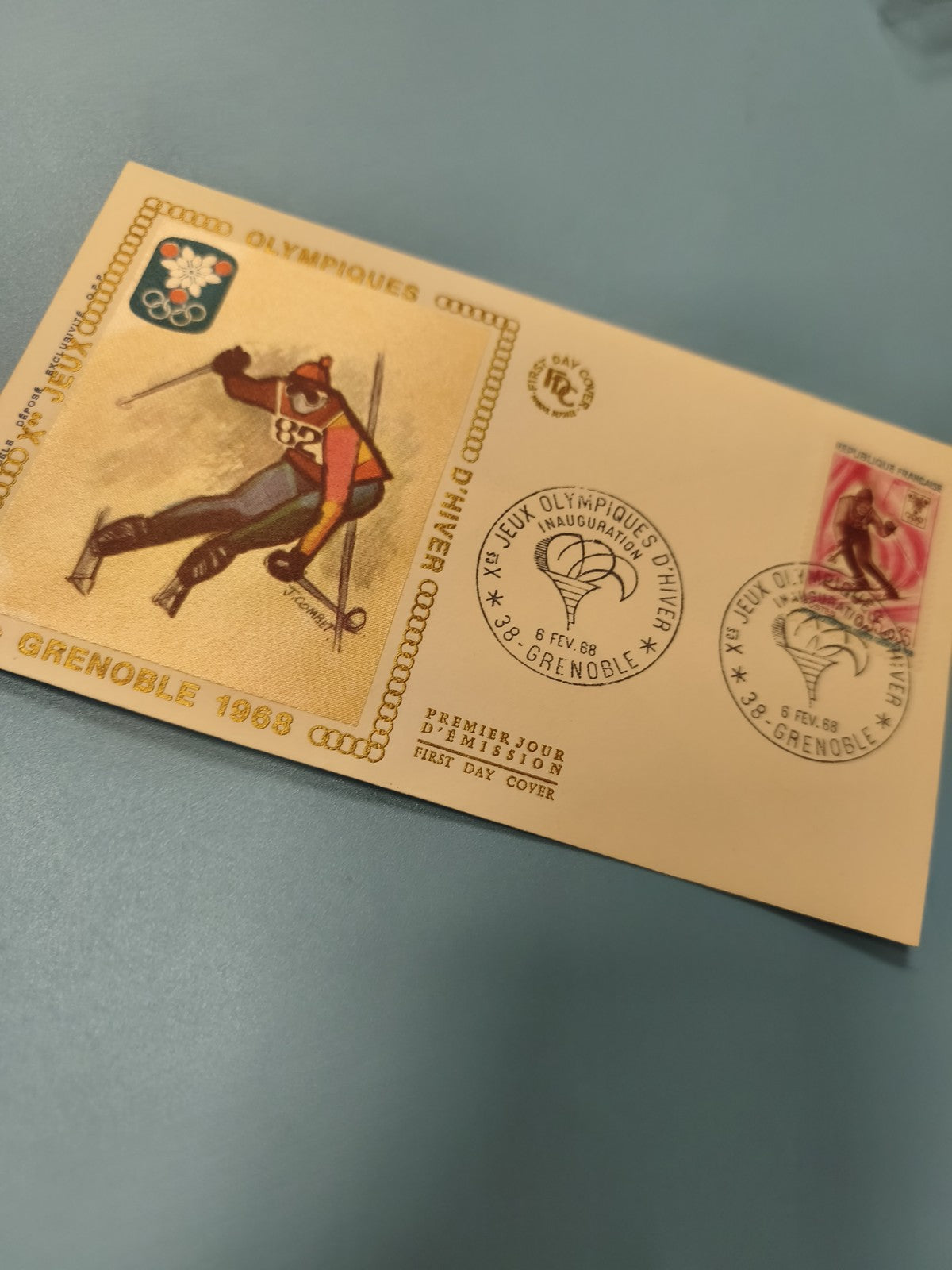 Enveloppe premier jour Jeux Olympiques Grenoble 1968 timbre ski FDC illustrée