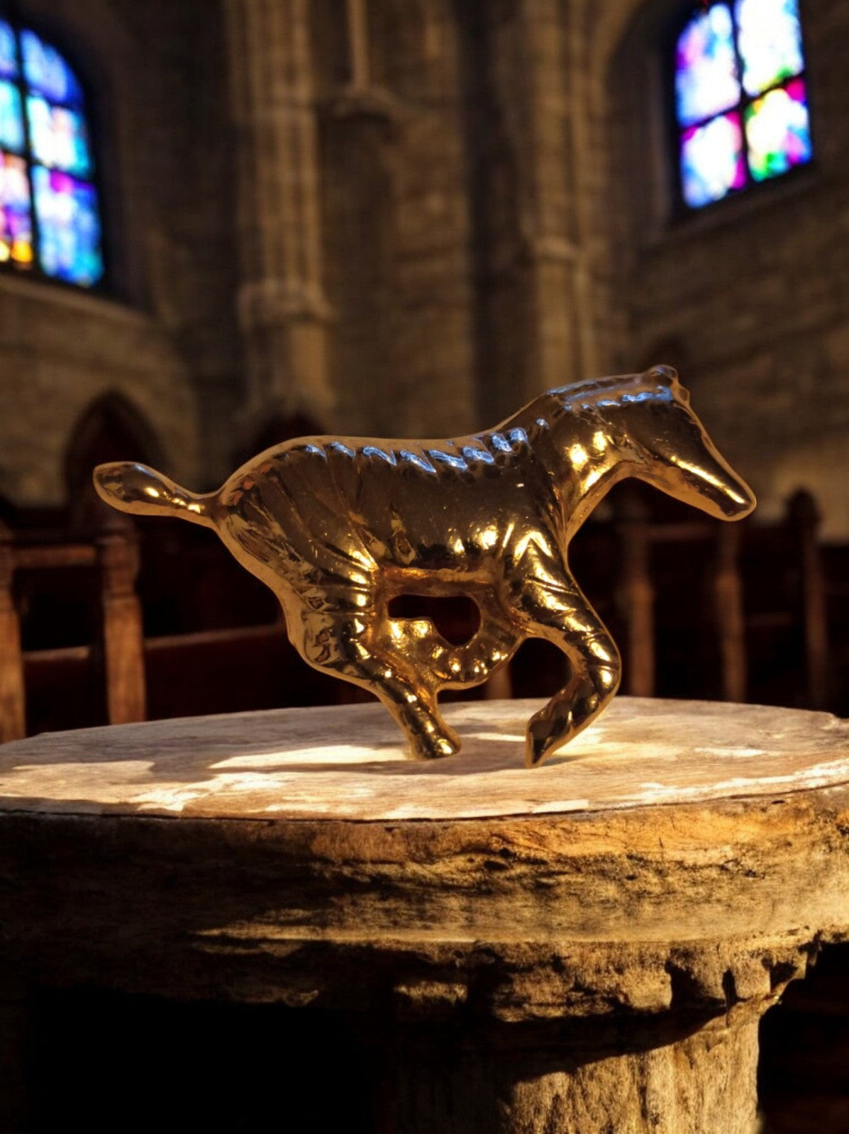 Sculpture cheval stylisé doré vintage, statuette métal doré, objet déco rétro