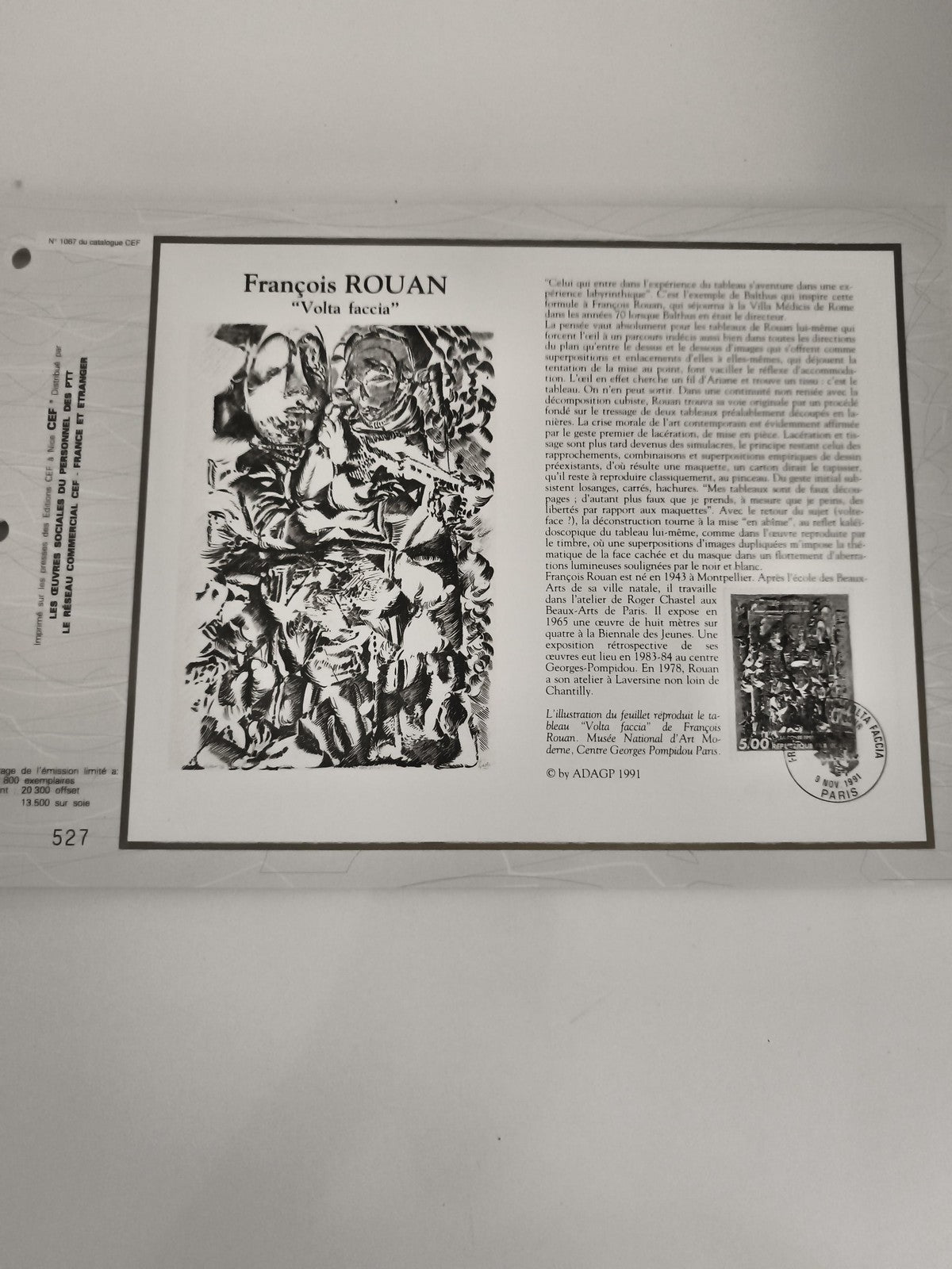 Feuillet CEF François Rouan Volta faccia philatélie timbre 1991