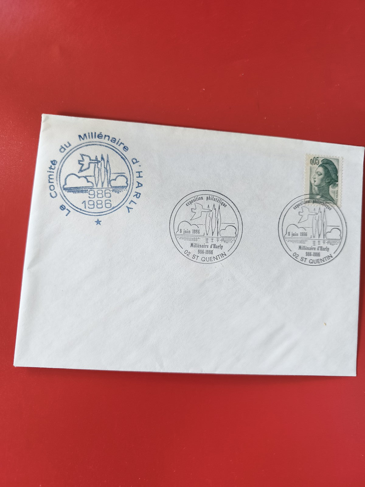 Enveloppe philatélie Millénaire d?Harly 1986 avec timbre Marianne et cachets