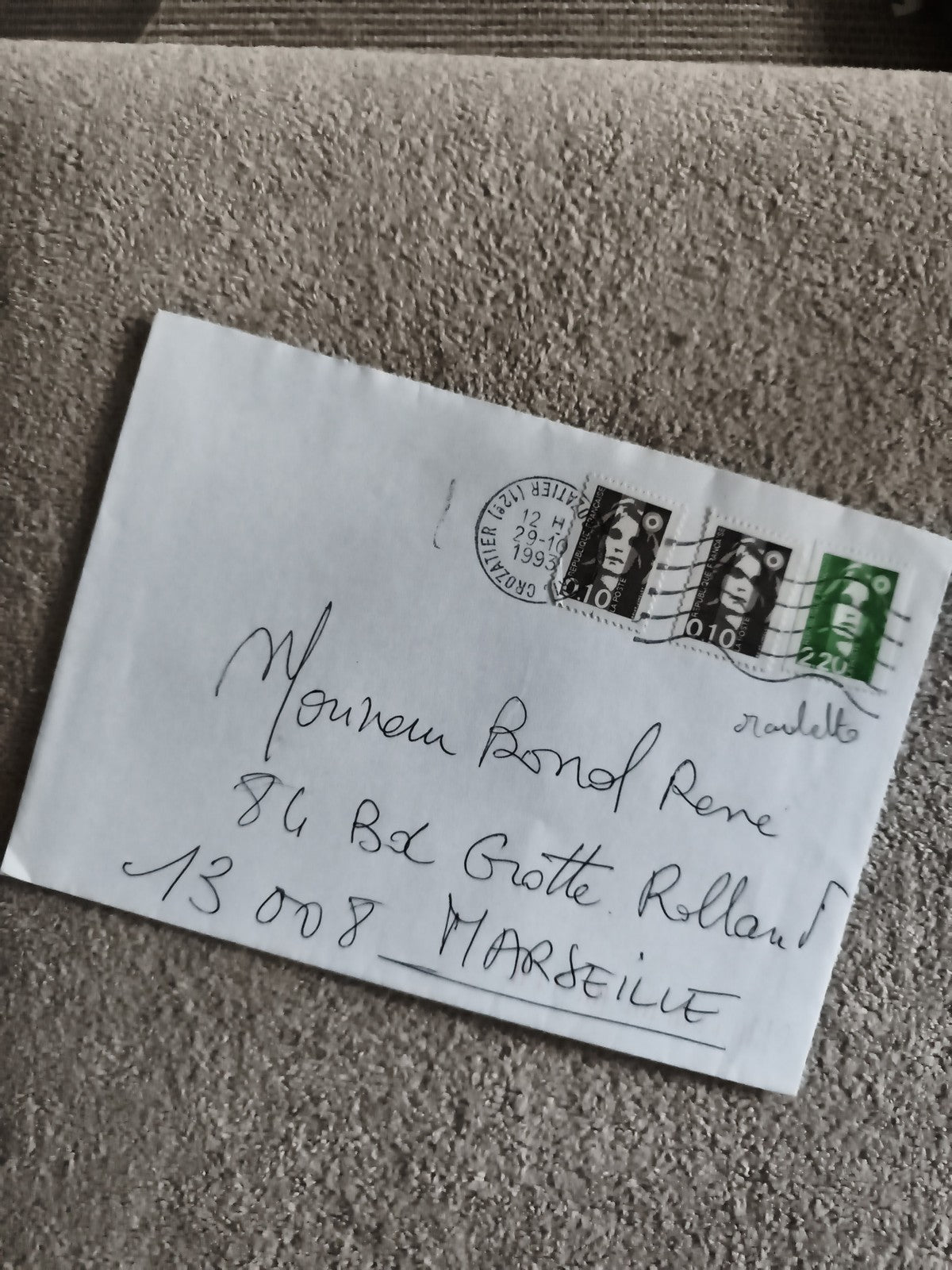 Lettre affranchie 1993 timbres Marianne oblitérés France philatélie (Ref 1)