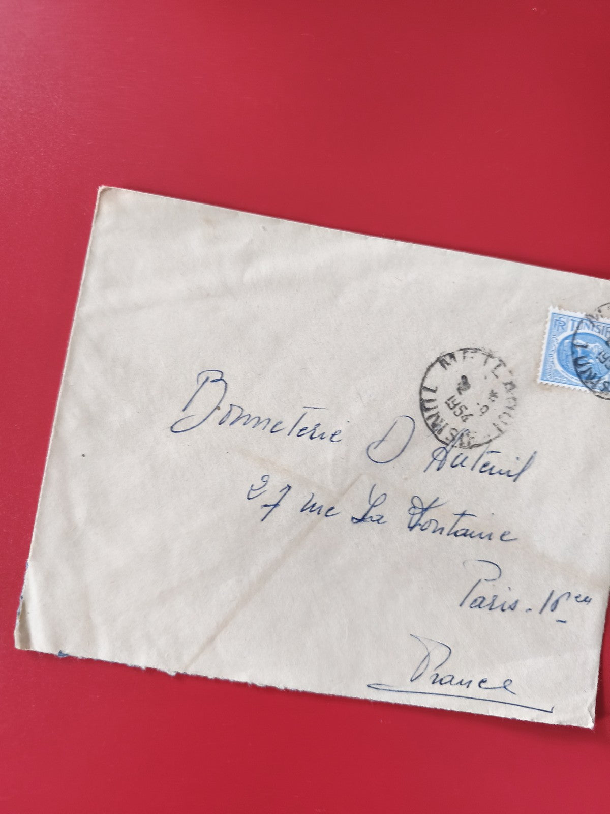 Enveloppe philatélie oblitérée timbre bleu France manuscrite Paris