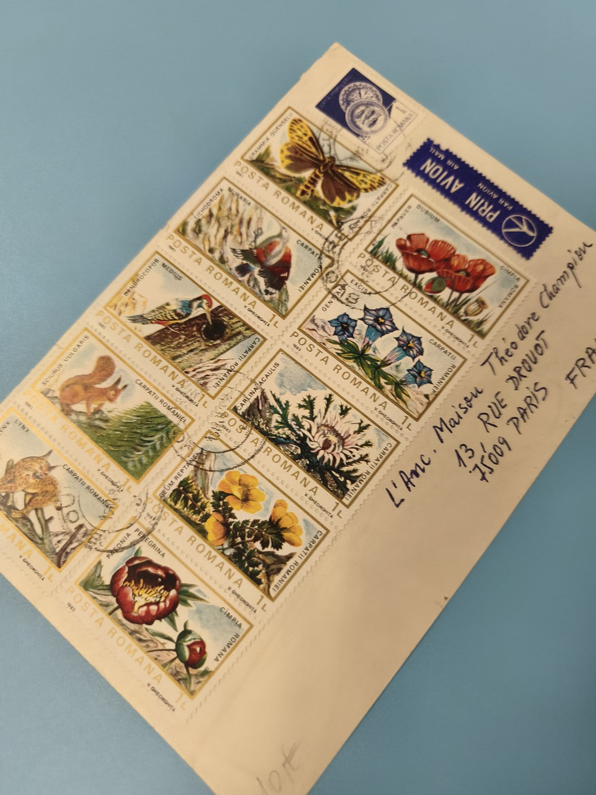 Ancienne enveloppe philatélie Posta Romana timbres fleurs oiseaux papillon