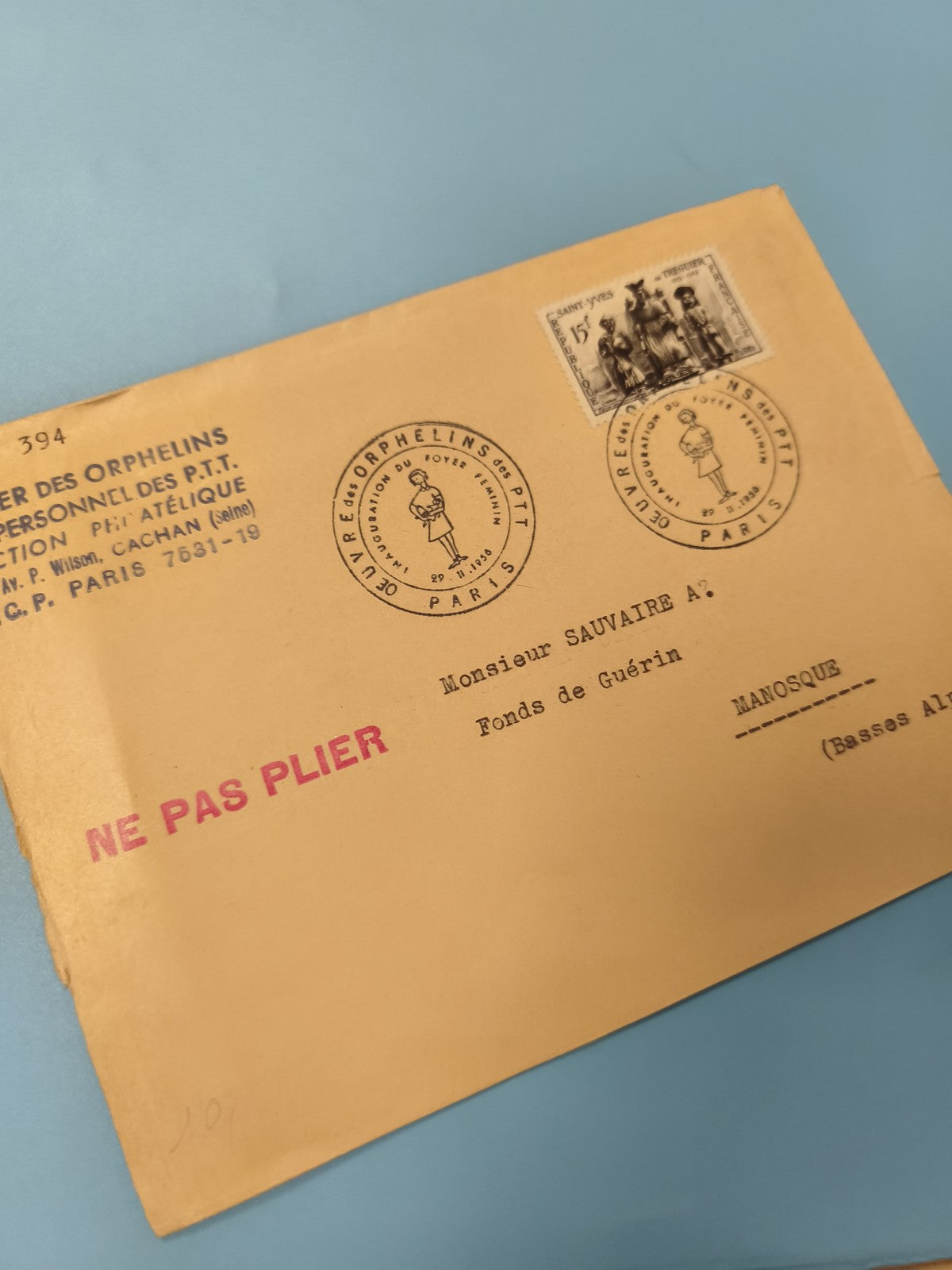 Ancienne enveloppe oblitérée PTT Paris avec timbre 15f, philatélie collection
