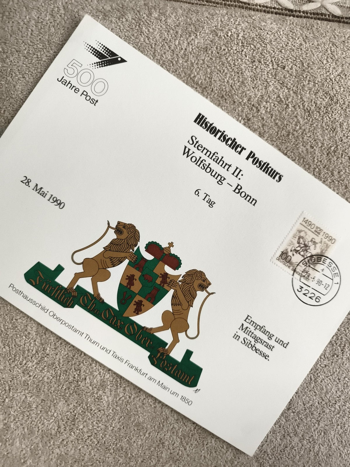 Lettre Premier Jour 500 Jahre Post 1990 Wolfsburg-Bonn blason Thurn und Taxis