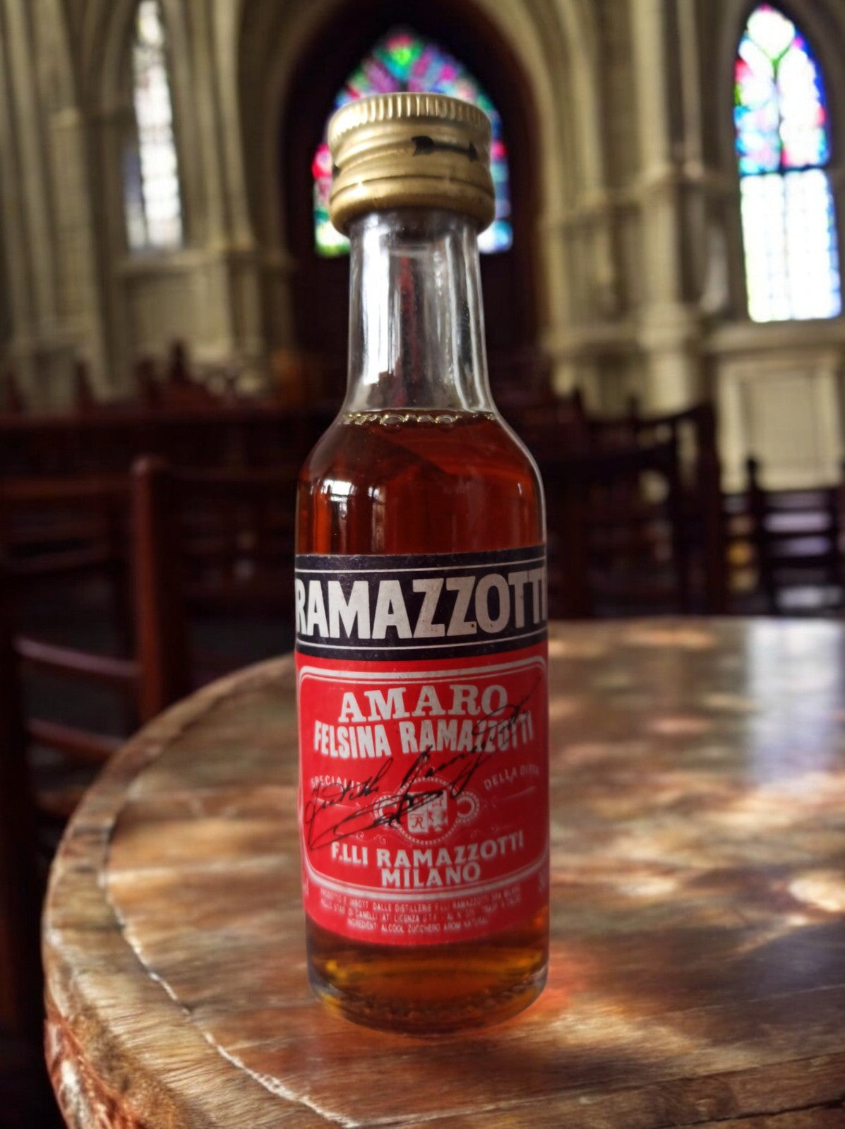Mignonnette vintage Ramazzotti rétro, bouteille alcool 50ml, Amaro Milano