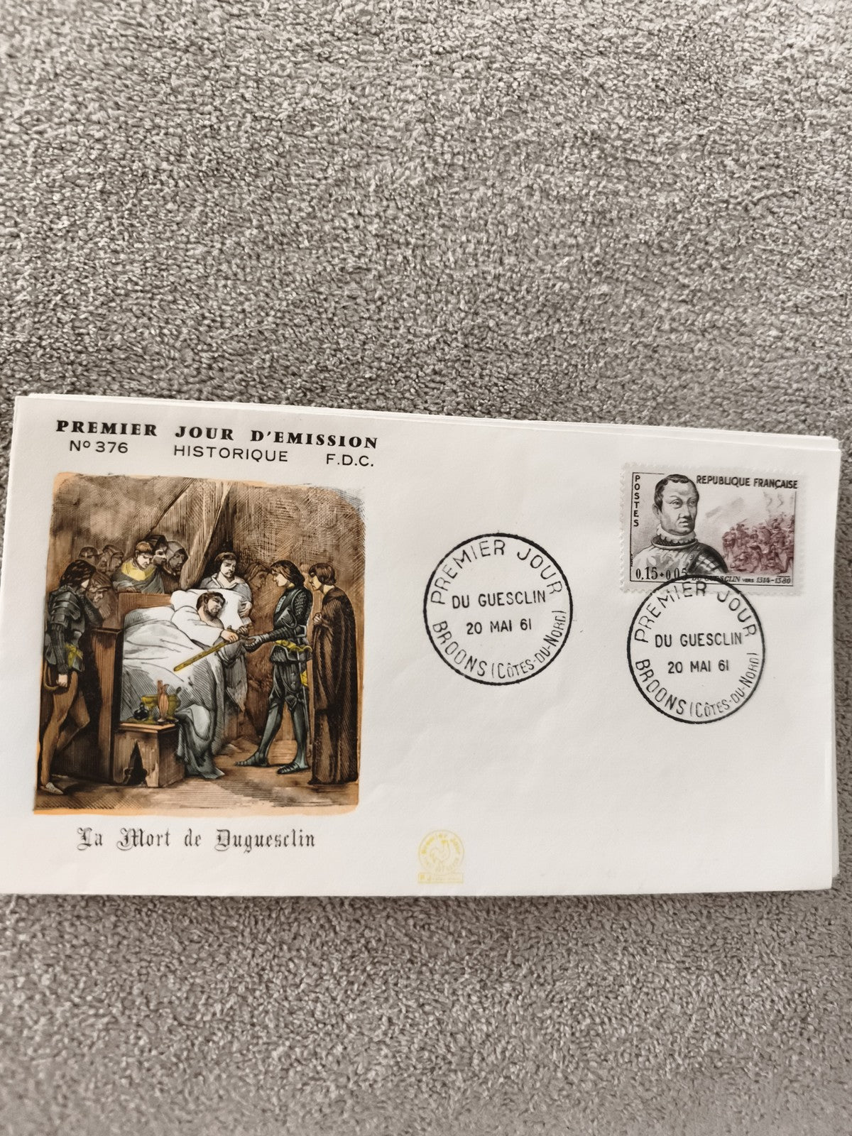 Lettre FDC Premier Jour 1961 Du Guesclin n°376 La Mort, Broons, philatélie ancie