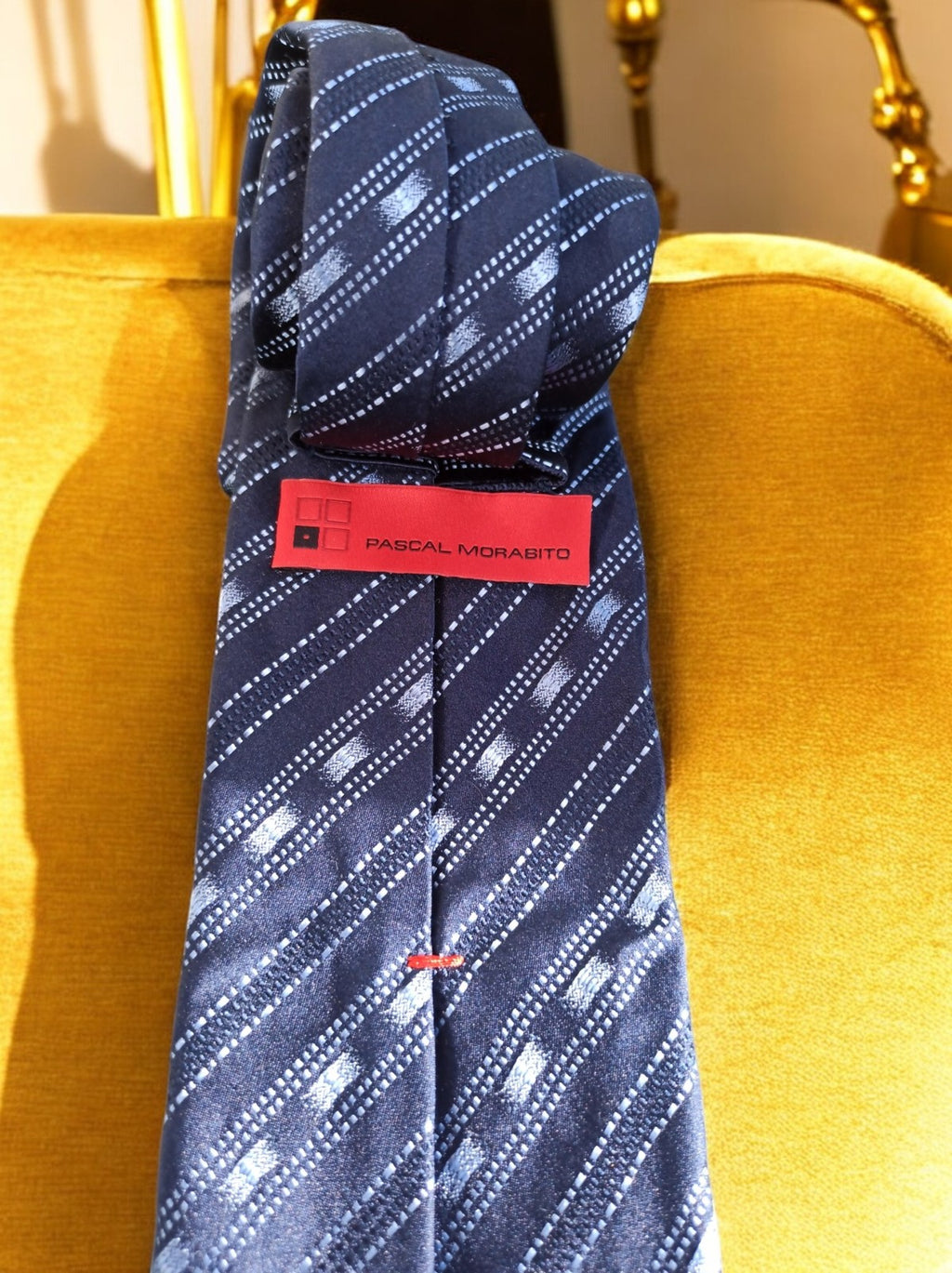 Cravate vintage Pascal Morabito bleu motifs géométriques rayés homme rétro