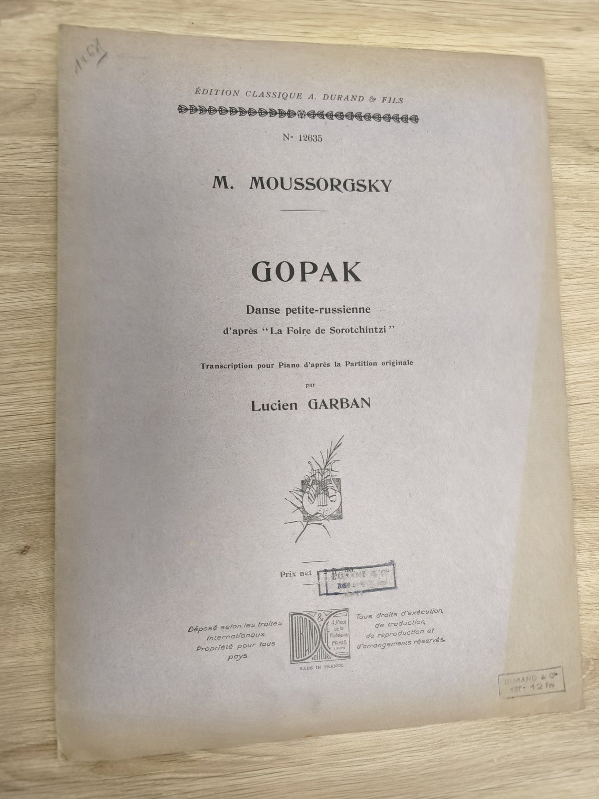 Ancien livre partitions Moussorgsky Gopak violon piano Durand vintage