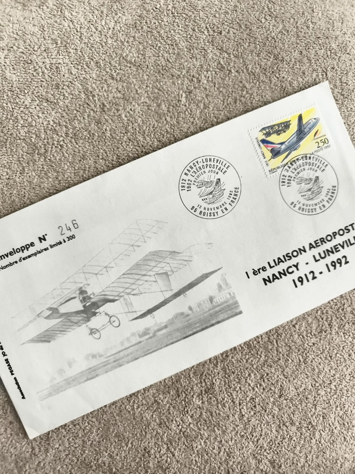 Lettre premier jour aérospostale Nancy Lunéville 1992 timbre avion philatélie