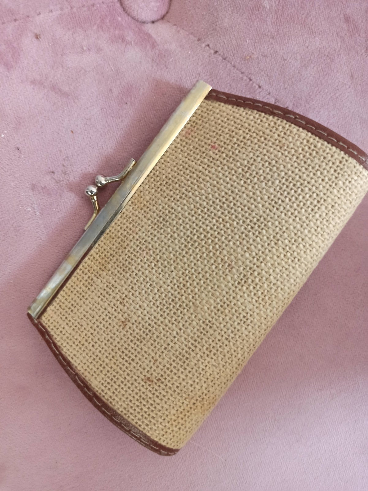 Porte-monnaie vintage Dolphin Paris toile tressée et cuir, fermoir métal rétro
