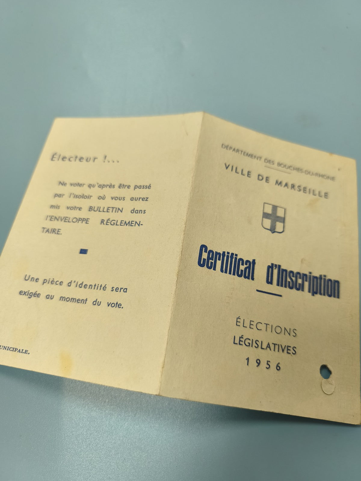 Ancienne carte électeur Marseille 1956 certificat d?inscription vintage papier