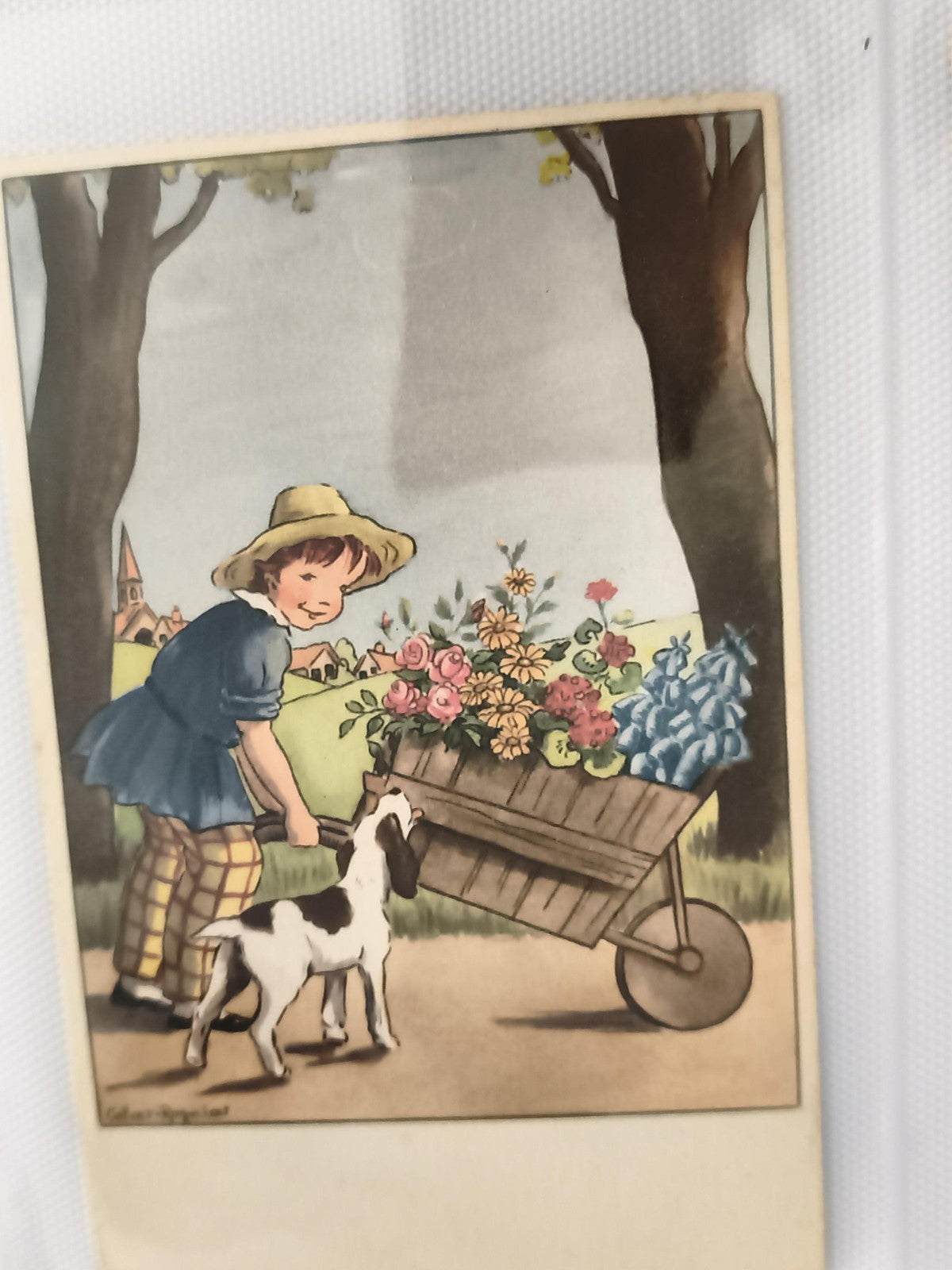 Carte postale ancienne illustrée enfant brouette fleurs chien vintage CPA