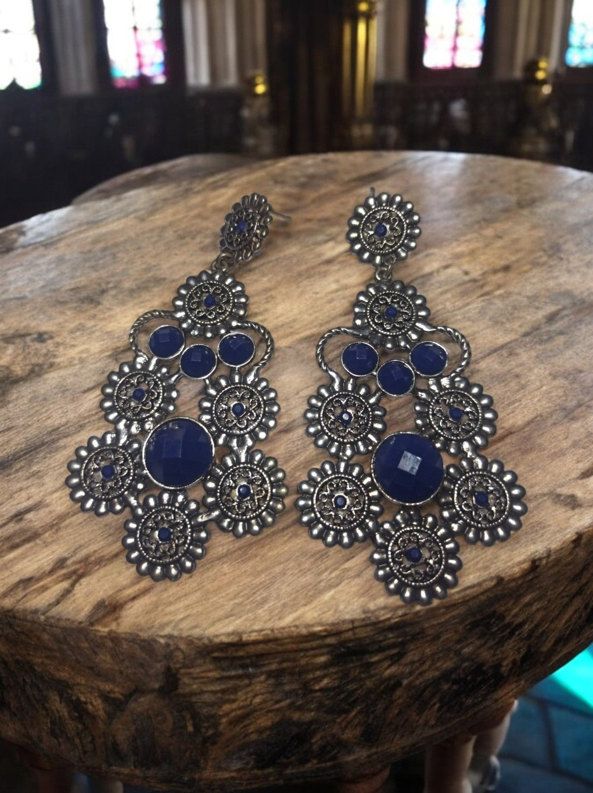 Boucles d’oreilles vintage années 70 style rétro, pendantes argenté bleu