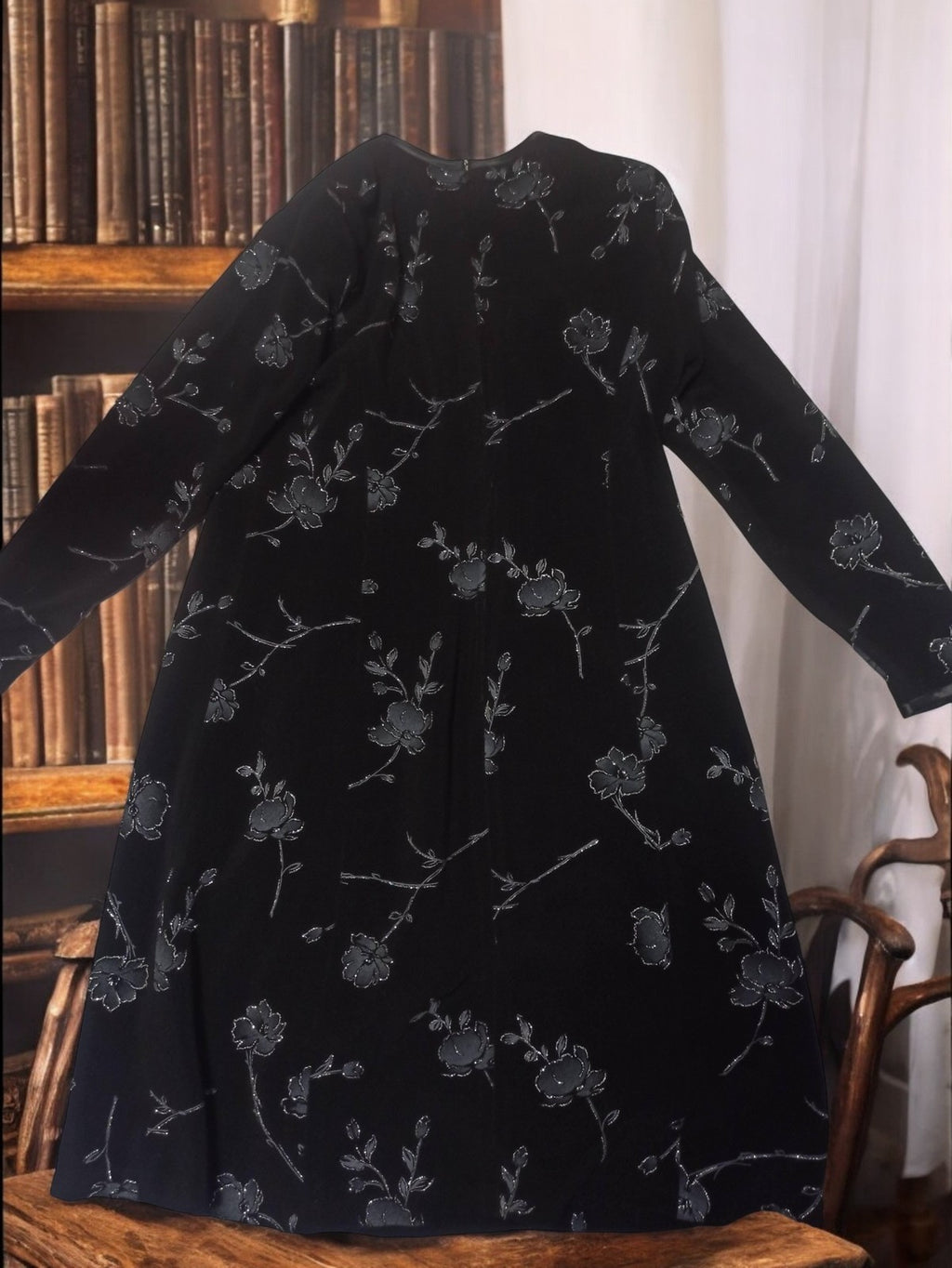 Manteau femme vintage noir à motif floral, élégant rétro ancien